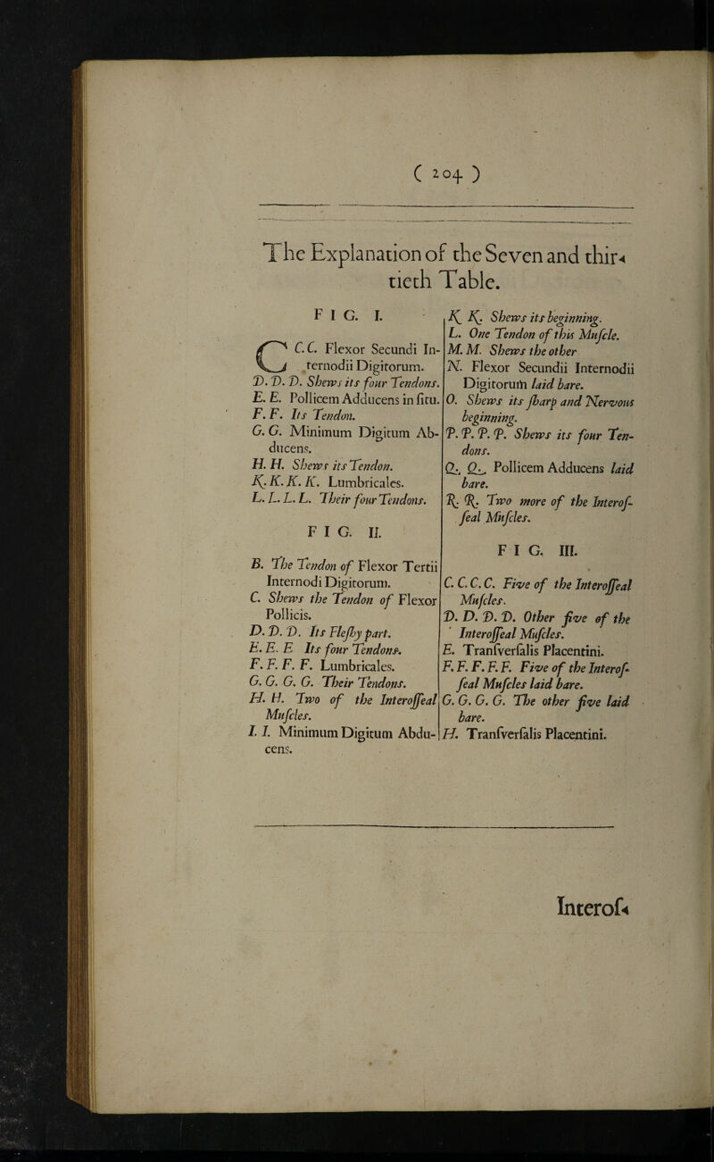 ( 2 04- ) The Explanation of the Seven and thir-< tieth Table. F I G. I. I\. Shews its beginning. L. One Tendon of this Mnfcle. C.C. Flexor Secundi In- ternodii Digitorum. D. D. 2). Sherps its four 'Tendons. E. E. Pollicem x\dducens in fitu. F. F. Its Tendon. G. G. Minimum Digitum Ab- diicens. H. H. Shexps its Tendon. 2^. K. K. K. Lumbricales. L. L. L. L. Their four Tendons. M. M. Shews the other N. Flexor Secundii Internodii Digitoruih laid bare. O. Shews its Jharp and Tlervous beginning. T. T. T. T. Shews its four Ten- dons. Qa. Ql. Pollicem Adducens laid hare. 1^. (2^. Two }nore of the Interof- . feal Mtifcles. F I G. IL B. The Tendon of Flexor Tertii Internodi Digitorum. C. Shews the Tendon of Flexor Pollicis. D. D.T). Its Thp^y part. E. E. E Its four Tendons. F. F.F. F. Lumbricales. G. G. G. G. Their Tendons. H. H. Two of the Interojfeal Mnfcles. I. 1. Minimum Digitum Abdu- cens. F I G. III. C. C. C. C. Fi^e of the Interojfeal Mnfcles. D. D. D. D. Other jive of the Interojfeal Mufcles. E. Tranlverlalis Placentini. F. F. F, F. F. Five of the Interof feal Mnfcles laid bare. G. G. G. G. The other five laid bare. H. Traniverfalis Placentini. \ Interof<