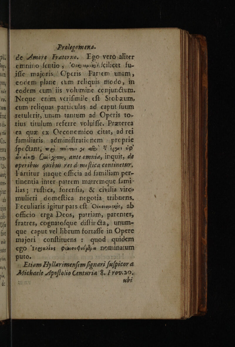 | de, udmore | Frateyzo. | Ego vero aliter hy. | emnino fcentio y. Oumoooxe Icilicet..fu- 1} Affe. majoris./ Operis: Par'em. unam; w| eodem. plane. «um reliquis modo, in wr] eodem. cum; iis volumine. cenjunctum. n.| Neque :enim verifimile «ft. Stobzum, w €um reliquas particulas. ad. caput fuum intl retulerit, unsm. tantum ad. Operis to- (f fius titulum referre voluifle. Praterea (dl ea quz cx. Qeconcmico citat, ad rei (xf familiaris. .adminiftraticnem - prcprie mil fpeGant; wed. πείντων γε em ipn ὑφ᾽ mul ὧν οἶκ, Θ᾽ Cuitgremus ante oseria, inquit, de Ql epersbus quibus ves dcme[Hca contanettm. oM Vartitur itaque officia ad familiam per- Iff« | tinentia inter patrem matremque famt- iul lias; ruftica, forenfia, &amp; civilia. viro»  | mulieri domeftica negotia tribuens, m Feculiaris igitur pars cft. 'Oixoonocs, ab dii. officio erga Deos, patriam, parentes, | fratres, cognatofque diflir Ga, unum- (E que caput vel librum fortaffe in Opere j| majori conftituens : quod. quidem ἢ €go 1:ex^ws Φιλοσοφούμϑνα nominatum puto. | «Etiam Hyllarimen[em fianari fu[picor a Michaele Zdpoffolio Centuria ὃ. 1 vov. » ς Mut