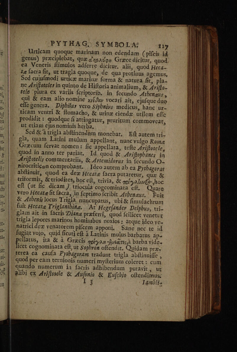 D: ——— ÉÓÉÓ—ÓMÀMMÁÉ—À—— PYTHAG; SYMBOLA; 119 Urticam quoque marinam non edendam ( pifcis. id genus) pracipiebat, quz οἰχωλύφη Grace dicitur, quod ea Veneris flimulos adferre dicitur. alii, quod Heca- £g facra fit, ut tragla quoque, de qua protinus agemus, Sed cujufmodi urtica marinz forma &amp; natura fit, pla- ne Zri[foteles in quinto de Hifloria animalium, ὃς Ariffo- tele plura ex variis fcriptorib. in fecundo Athengus , qui &amp; eam alio nomine xjfJxy vocari ait, ejufque duo eflegenera. — Dipbilus vero Siphnius medicus, hanc ur- ticam ventri &amp; ftomacho, &amp; urinz ciendz. utilem effe prodidit: quodque fi attingatur, pruritum commoyveat, ut etiam ejus nominis herba, Sed ὃς ἃ trigla abftinendam monebat, Eft autem tri- gl. quam Latini mulum appellant, nunc vulgo Rozue Gracum fervat nomen: fic appellata, tefte 4i/fotele, quod in anno ter pariat. Id quod &amp; riflophanes. in 4rifFotelis commentariis, &amp; Artemidorus in fecundo O- nirocriticon comprobant. | Ideo autem ab ea Pythagoras abflinuit, quod ea dez Hecate facra putaretur, qux &amp; triformis, &amp; triodites, hoc e(L, trivia, &amp; γοίγλίω Gr, hoc eft (ut fic dicam } triocula cogcominata εἰξ, Quare vero Hecate fit facra, in feptimo fcribit 4zbenaus. ^ Euit &amp; ΑΙ οπῆς locus Trigla. nuncupatus, ubi &amp; fimulachrum fuit Hecate Triglantbing, At Hege[ander. Delpbus, vii- glam ait in facris iang przferri, quod fcilicet venetur trigla lepores marinos hominibus noxios : atque ideo ve- natrici dex venatorem pifcem apponi $ane nec te id fugiat volo, quid ficuti eft à Latinis mulus barbatus ἀρ ellatus, ita &amp; à Grzcis σρίγλη *JusaTis,A barba vide- fice: cognominata eft, ut Sophron oftendit. Quidam pra terea ca caufa Pyibazoram tradunt trigla abítinuiife , quod per eam ternionis numeri myllerium coleret : cum quando numerum ia facris adhibendum putavit, ut alibi ex 4riflowle &amp; 4ufonio &amp; Eufcbjo oftendimus;