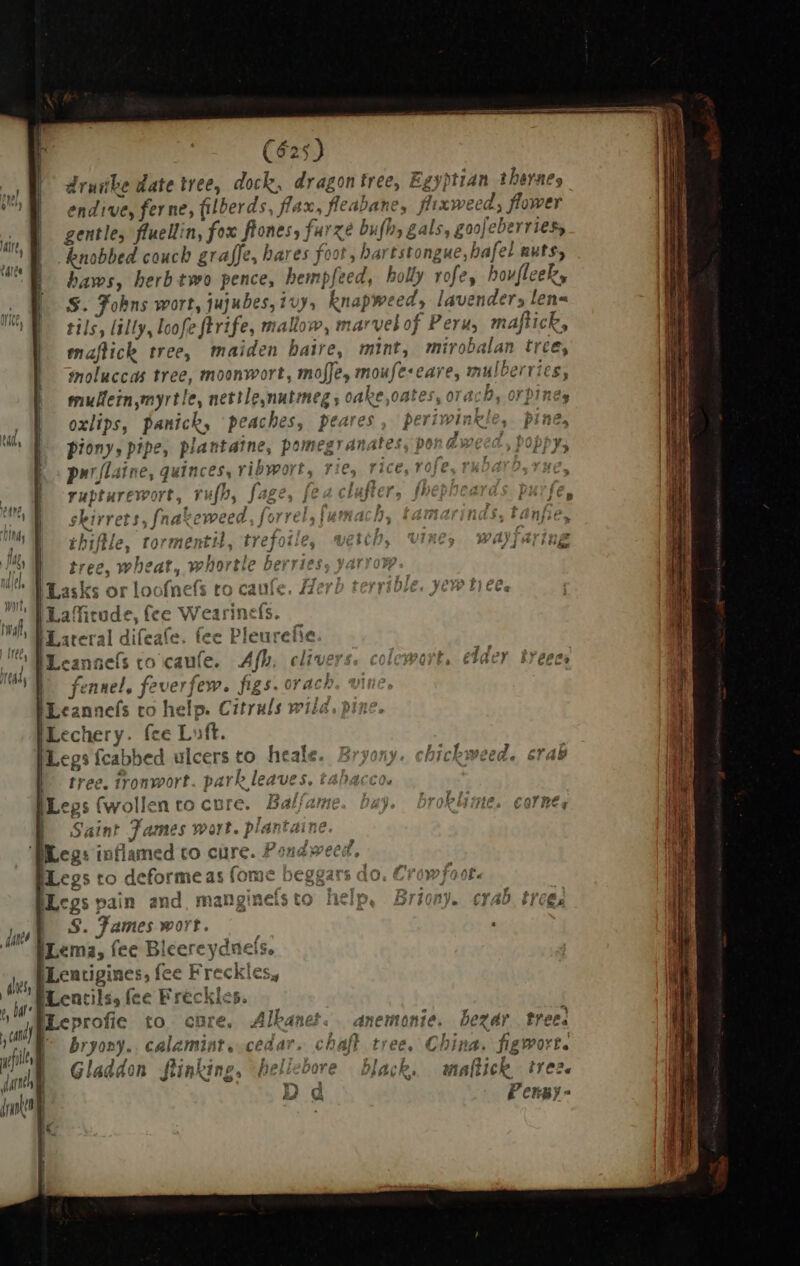 (623) d'ruibe date tree, dock, dragon tree, Egyptian thernes endive, fer ne, filberds, flax, fleabane, flixweed , flower gentle, fluellin, fox flones, furze bufh, gals, goofeberries, knobbed couch graffe, bares foot, hartstongue, bafel nuts, baws, herbtwo pence, hempfeed, holly rofey houfleeky S. Johns wort, jujubes, ivy, knapweed, lavender, lens tils, lilly, loofe ftrife, mallow, marvel of Peru, naftick, maftick tree, maiden baire, mint, mirobalan tree, smoluccas tree, moonwort, moffey moufe-eare, mulberries, mullein myrtle, nettlenutmeg s oake,oates, orach, orpines oxlips, panick, peaches, peares , peri pinkle, pine, piony, pipe, plantatne, pomegranates, poi dweed, poppy, pur flaine, quinces, ribwort, rie, rice, rofe, rubarb T rupturewort, rufh, fage, fe * sheivyere ^ 4 o P skirrets, fnakeweed jo? YE ELS f ^ d ’ Y a thife, tormentil, trefotte, i tree, wheat, whortle berries E wA adu nie mesi jj sks or loofnefs to caufe. H yr» ER UXXT An e f Laffitude, fee Wearinels. 228 ^ À in fam DI 172513 $ [d riecurci annefs co caue. fennel, feverfew. figs. orach ILcanneís to help. Citruls wiia [Lechery. fee Luft. ILegs fcabbed ulcers to heale. tree, tronwort. park leaves, t: [Legs (wollen to cure. Balfame | Saint James wort. plantaine. inflamed to cure. Ponaweed g5 t deforme as (ome beggars Legs pain and, manginets to | | S. James wort. [Lema, fee Bleereydnefs. »,, pLeatigines, fee Freckles, Lu ILencils, fee renlias ; hat entilss fee Préckics. i ij ILeprofie to cure. A lbanet. Ve bryony.. calemint. cedar. ch fih lad doi Binbine hellsbora . blank PEN OAT, , E Gladdon fünking, pelicbore black. amafüick tre | Penpy- ius até