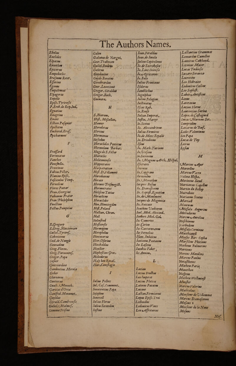 Lb ulus Galen 1 toan,Feraldus Euclides ^ Galiotusde Kargni, Ioan.de Imola Elpacus Ceor,Trabez,on lulim Capitolinas Euanthet GulieLBudesis lo.deSacrabofco' Epicurus Galerus lo.Lincolnienjis Empedocles Gujdonius - . lo.eAgricanus' r ^ Erafmus Roter, Cf^'do Bonatus Io,Bale Ejfatius Cenebrardus lulim Frontinus Sgtnus Gear ,Leontinus JJidorm Smpolemui  Gregor, Giraldtii lamblichus Elpagoras ^ Gregor,Rech,' Ingulphm Eupolis Gueuara* . lulim Pelagtm Epi[c,TyrienJts JuHinatm ' P,Ereb.de Reipjud* U V .. Ifaacl^ab, Sgnatius j lo.RouJe Euaorius , S,Hierom, lulian Imperat, Euans ‘ Hijt, Mijcellan, luflin. Martyr EHien Fajquier Homer / lo.Scotm EptUetus ‘ Herodotpu lo, Alexandrinm Suchirid,Eraf, H in ius lulim Firmicm Epicharmus . Hermanus . Io,de Mans Royalk Uejiodus lo, Vriodonm F , Heraclides Ponticus 1 ..... Hermolaus Barbar* lo, Math,Tierinm Froijfard Hugo de S ,ViUor lo,Zlafam 'Fortunatus * Hierocles Io,Saxoniui Fauchet Heliconienjts »  lo, xjtiagnm <Mrch, Hilpal, Fenejhella, Hippocrates Ifocrates Frontinus Harp Iteration ' Jrenem FahiusPiBor* HiJl.D*Villam9nt lo.Capgraue Flauim Sptfc, H&rodianus lornandus Fafciculus Temp* Horace lo. (JVonachus Ferneli us Hermes TrifmegiH* lacijHes Bojius Flores Poe tar Hermocrates lo, Damap:enm France eorgius Helifcus Tatius lo, BaptiflyEgnatim Fabianm Prat or Heraclitus lo, de cMauimOnt FranSPhilelphm Heraclides lacquesde Maguntia Funtiius Hen,Huntingdon lo, Boccace FeFlm Pompeiu^ Hiji,Poland loachim ZJadtanm •> • Haitian, Chron% loel, Med. Alexand, G Hall loubertMed, GaL Eoltnjhed lo: Camertes S.qregory’ Hojlienjis lo: Qarion ^ S*Greg,Naz,idnLeu Hermtppus lo\ Cantacuzjcntu CulieLTyrienf, - . Herophflus lo: Fernelim Gebtnianus '' Hincmarm lfaae,ludaicm Guilje Naugis Hier,Ofortus louianm Pont anus Gennadius Hintbaldus lox Lajleus GregTloren* Houllier lacobm Faber j Greg.Turonnenf, Hephefiion (jrec* lo: Annins, Gregor,Papa Heltodorus ' Gefner Haly hen Baz,€L h Cjuicciardine Hier^C oneflagio Caudentius Merula ) Lucian Geber I LuctmFruUus ; Glareanus ^ Leo Imperat Gontierus lulim Pollux Lucius Plot ius Cualt, LMonachi lul, Caf, Comment, Latinns Pacatm , Cjarcias d’Orta Jnnocentim Papa Lueane Gauljrid Monumet, lofephus L aSlan,Firm ianus (juyldas Ismenall Lupus Epifc.l roi Gyrald,CambrenJts [ulius Floras Liebondus GuUeUCMalmcf. . Ialias Secundm Lodouicm Viues Gemma Frijius . lufline Leo iAjfricanus ItaUantiHS Grammnt Leonardtis Camtlltis ladontcHS Cafchondt Licinim Afacer^ Lucas Tudenfis Lazzaro Sorofiz^o Lucretius Leo Hebraico Lodouicm CalitS4[ Leo Sophifi, Labeo nAntiftius Linus Lateranus LucimVlerus Laurent i us SurtPU Lopez, de (^aflagned Lucas CMarinus Sic* Lampridipts Laz,arm de *Baif* Lodo: F'alentinus Leo Papa Lucas de Tuj Letrus Lyjias M iJHarcm ^fet^ Marcellus AIarcus T^arro Molma Hijpa^ Mar incus Sicul Martianpts Cape Hut Martin du Bellay Macrohius Marianus Scotus ^ Martiali Mantum CMeJfala Auguritts Metrodorus Marcus ^yfurelius Mofchienus Marbodeus Mejfala Corptinns Macchiauell Moyfes Bar: Cepha Marjtlius Phicinus Matheui Vaimerius Martinus Marcus Manilius Marcus Paulus Metafihenes Mathew Parisi^ Manethon Majpeus Mathew fVeBminJb - Mmfler Marcus Valerius Mathiolus) Monjteur de Villamont Marcus Damafcenus Mufaus I Monjteur de la None Mefuus