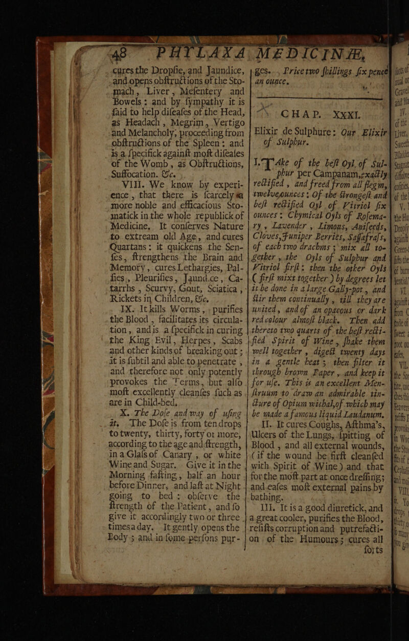 Ya curesthe Droplie, and Jaundice, and.opens obftructions of the Sto- mach, Liver, Mefentery and Bowels : and by.fympathy it is faid to help difeafes of the Head, as Headach , Megrim, Vertigo and Melancholy, proceeding from obitructions of the Spleen: and is a. {pecifick againft moft difeales of the Womb, as Obitruétions, Suffocation. &amp;c. VIH. We. know by experi- ence , that there is fcarcely a more noble and efficacious Sto- Medicine, It conferves Nature to extream old Age, and cures Quartans: it quickens. the Sen- fes, ftrengthens the Brain and Memory, cures Lethargies, Pal- fies,, Pleurifies, Jaund.ce , Ca- Rickets in Children, 5c. the Blood , facilitates its circula- tion ,, andis. a {pecifick in curing the King Evil, Herpes, Scabs and other kindsof breaking out ; at is fubtil and able.to penetrate , and therefore not only potently provokes the Ferms, but. alfo moft excellently cleanfes {uch as are in Child-bed, X.. The Dole and way of ufing a. The Dofeis from tendrops totwenty, thirty, forty or more, according to the ageand:trength, inaGlafsof Canary , or white Wine and Sugar. . Give it inthe Morning fafting , half an hour before Dinner, and laft at Night oing to bed»: -obferve the rength of the.Patient, and fo timesaday. It gently, opens the Lody-; ancd.in {gme-perfons pur- MEDICINE, ‘ one { gcs-.., Price two fhillings fix pence an ounce. te CHAP. ~XXxXI. Elixir de Sulphure: Our. Elixir of Sulphur. rectified , and freed from all flegm, beft rectified Oyl of . Vitriol fix ry , Lavender , Limous, Anifeeds, Cloves, Funiper Berries, Saflafrafs, of eachtmo drachms ;-mix all to- Vitriol firft: then the otker Oyls ( firft mixt together ) by degrees let it be done in alarge Gally-pot., and Slir them continually , tall they are redvelour almoft black. Then add thereto two quarts of the heft retti- fied Spirit of Wine, fhake them well together , digest twenty days |¢n 4 gentle beat ;. then filter it through brown Paper , and keep it for ufe. This is an excellent Men- Lure of Opium witbal,of which may e made a famous liquid Laudanum. IT.. It cures Coughs, Adthma’s, Ulcers of the Lungs, {pitting of Blood , and all external wounds, (if the wound .be firft cleanfed with. Spirit. of Wine) and that and eafes moft external pains by bathing. Il]. It is a. good diuretick, and a great cooler, purifies the Blood, refifts corruption and putrefaéti- on. of the Humours; cures all forts ft Liver, Tale \) Swett he Liv Stagial difllve colitis, of the! pet Droply aeaint Greet! fifts the of burn fential V1 aaintt tide of {weet foot ou tale, Vil. 4