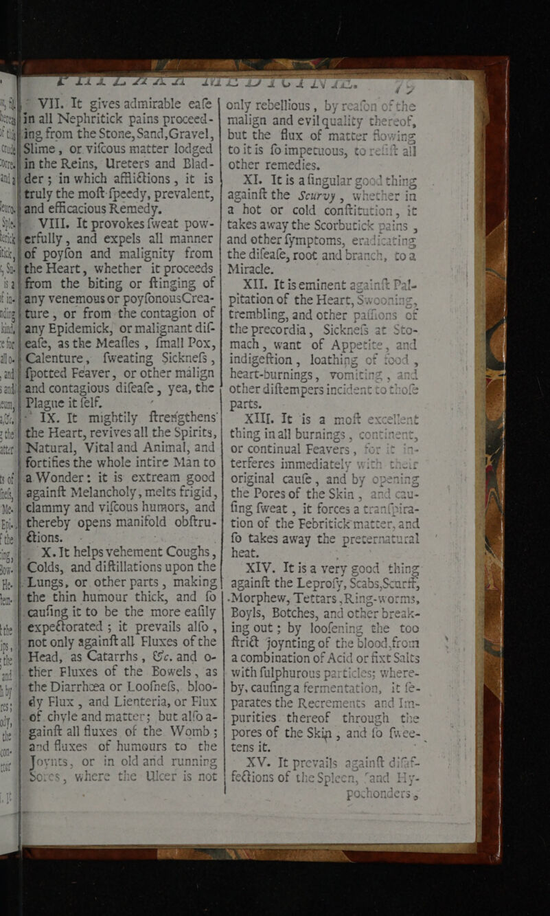 ig is \y Mt ote 4nd au 9 Wi i Se 6 EP # | di Se ap ay 2 Vit. It gives admirable eafe in all Nephritick pains peers ling from the Stone, Sand,Grave Slime, or vifcous matter lodged in the Reins, Ureters and Blad- der ; in which affliétions , it is truly the moft-fpeedy, prevalent, and efficacious Remedy. VIII. It provokes {weat pow- of poyfon and malignity from whether ~ it proceeds from the ‘biting or ftinging of ture , or from the contagion of any Epidemick, or malignant dif- eafe, as the Meafles , {mall Pox, Calenture , fweating Sicknefs , : and contagious ‘difeal afe, yea, the eum | Plague it { felf. ia f° IX. It mightily ftrervigthens the b the Heart, revives all the Spirits, atta’ | Natural, Vital and Anim nal, and | Bree the whole intire Man to s of |-a Wonder: it is extream good tek, | againft M cpiacras tes ymelts fr igid , Me. } Clammy and vifcous humor - and 7 thereby opens ‘manifold obftru- ‘the | tions. ing X. It helps vehement Coughs, ny. | Colds, and diftillations upon 1 the He. | Lungs, or other parts, making i | the thin humour thick, and fo ‘cauling it to be the more eafily expettorated ; it prevails alfo not only againft all Fluxes of the | Head, as Catarrhs , &amp;c. and o- ther Fluxes of the Bowels sas the Diarrhea or Loofne{s,. bloo- dy Flux , and Lienteria, or Finx of chyle ae matter; but alfoa- | gainft all fluxes of the Womb ; | and fluxes of hum 19urs to the ma 1 eiae Joynts, or in old and running _ 7 .  D0 where t Ulc r iS nor phere (3 only rebellious, by reafon of the malign and evi pita: thereof, but the flux of matter flowing toitis foimpetuous, to refift all other remedies. xT. It i iS a fing gular ¢ ro0d thing againft the Scurvy , whether in a hot or cold conftitution. 3 > i 2 takes away the Scorbutick pains a 5 and other fymptoms, eradi ating the difeafe, root and branch, toa Miracle. XII. It iseminent againft Pal. pitation of the Heart, Swooning, trembling, and other pa oF the pre ecordia , SicknefS at Sto- mach , want of Appetite, and indigeftion , loathing of heart-burnings, vomitin other diftempers incident to thofe parts. XII. It ‘is a moft excellen thing in all bu ent, or continual Feavers, for it in- terferes immedi lately With Original caufe , and by the Pores of the Skin , and cau- fing fweat , it forces a tran{pir tion of the Febritick matter, ; fo takes away the preternatur heat. oo Vid ings XIV. Itisa very good thing againft the Leprofy, Scabs,Scurtf, Morph ew, Tettars , R ing-worms, Boyls, Botches, and other break- ing out ; by loofening the too friét joynting of the blood,from a combination of Acid o xt Salts o rT | \ m har ees fulphurous part y. caufing a ferm entati on, it fe- parates the Recrements and Im- purities. thei ee thr ugh the pores of the Skin ; and fo {wee- tens it. XV. It prevails againft difaf- fegtions of the Sr and Hy-
