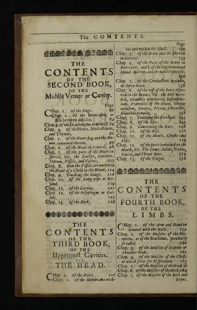 The CONTENTS. THE CONTEN TS OF THE SECOND BOOK, OF THE Middle Venter or Cavity. (OHap. Page I. of the Bugs, 85 •Chap. 2. of the Intercqftal, or Rib between iV/»/c/ey. 8j? C6ap.j.o/;^£DiaphtagmaoTjtfirf«#'.8s t-oncerniK^T, Chap 4^^ 0/£^£Pleura,Med.aft:num -{jap. 9- Thymus. . i’* .WThymu_. Ch^p. 5. of the Heart-bag and th^ Hu¬ mor contained therein, 9S Chap. 6, of the Heart in General, $6 Chap. 7. of the farts of the Heart in ^ ffecial^ viz. the EarletSy Cavities, Seftum^ Veffels^ and Valves, r Chap. 8. Horn the Vejfels are united in ^ the Heart of a Child in the Womb, 114 Chap. p. Touching the Lungs, 116 of the Lung-fife or We- 119 Page out and vtithin the Skull, 130 Chap. 3. of the Brain and its Marrow in General, 133 Chap. 4. of the Parts of the Brain in Particular^ and I. of the lengthenedand Sfinal Mar row, and its noble Ventricle, 136 Chap. 5. of theC^ithdluviX Brainlet^ Or Petif-brain. 138 Chap^ 6, of the reft of the Parts obfer- vedin the Brain-, viz. the Rete tnira- bile^ Glandula fituitaria^ Infundibu¬ lum^ Ventricles of the Brain, Corf us callefum^ Fornix^ Plexus^ Choroidis^ Glandula ftnealis^ 138 gpjChap. 7. Touching the Forehead. 143 Chap. 8, of the Eyes, 143 Chap. 9. Concerning the Ears, 148 150 Chap. *10. ' fund, ChWp.ii. Chap. 12. lets. .13. of the Larynx, 121 <iry of the Oejofhagus or Gul- 125 125 '^Of the Neck, Chap. II. of the Mouth, Cheeks and Lip. '  15a Chap. 12. of the farts contained in the Mouthy viz. The Gumt, Palate^ UvuUy FauceSyUndThroat-bone.' 154 Chap. 13. of the Tongue, 155 THE CONTENTS FOLIRTH^BOOK, OF THE LIMBS. THE  C O NT ENTS A..OF THE THIRD BOOK, OF the  llppcrriioft Cavities. VI g- y THE HEAD. I. Chap. ^Hap. I. of the Arm and Handiti General with the Nails. i%9 Chap. 2, of the Mufcles of the PivL- merus, (?r Brachium, 'feculiarly fo called, t6o Cnap. 3. of the Mufcles of Scafula or shoulder-blade, 152 Chap, 4. of the Mufcles of the Chefl, or which ferve for Reffiration. 16^ C hap. j, of the Mufcles of theHead. ib Chap. 5. of the Mufcles of theNeck,i6c^ of the Hairs. 127 Chap. 7. of the Mufcles of the Back and of the Membrartes with- Loyns,