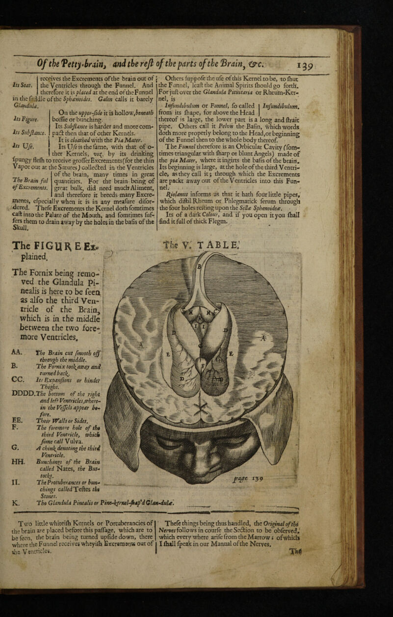 Its Seat. Its Figure. Its Subjiance. Itt \Jfe. receives the Excrements of the brain out of \ the Ventricles through the Funnel. And therefore it is placed at the end oftheFunnel in the fiddle of the GaUn calls it barely Glandula, On the upper-fide it is hollow, boHle or bunching. Its Subjiance is harder and more corn- pad: then that of other Kernels. It is cloathed with the Pia Mater. Its U/9 is the fame, with that of o- ther Kernels, vt:(. by its drinking Ipungy flelh to receive groiferExcrementsffot the thin Vapor out at the Sutures) colleded in the Ventricles of the brain, many times in great quantities. For the brain- being of great bulk, did need much Aliment, and therefore it breeds many Excre¬ ments, efpecially when it is in any meafure diibr- dered. Thefe Excrements the Kernel doth fomtimes caft into the Palate of the Mouth, and fomtjmes fuf- fers them to drain away by the holes in the bafis of the Skull. The Brain fill of Excrements. Others fuppofe the ufe of this Kernel to be, to ftiut the Funnel, leaf!: the Animal Spirits fliould go forth. For juft<xver the Glandula Pitmtaria or Rheum-Ker¬ nel, is Infundibulum or Funnel, fo called 1 Infundibulum, from its ihape, for above the Head j thereof is large, the lower part is a long and ftrait pipe. Others call it Pelvis the Bafin, which words doth more properly belong to the Head,or beginning of the Funnel then to the whole body thereof. The Funnel therefore is an Orbicular Cavity flbm- times triangular with (harp or blunt Angels) made of the pia Mater, where itingirts the bafis of the brain. Its beginning is large, at the hole of the third Ventri¬ cle, as they call it; through which the Excrements arepackt away out of the Ventricles into this Fun¬ nel. . / » BJolantts informs us that it hath four little pipes,’ which diftil Rheum or Phlegmatick ferum through the four holes reiting upon the SeUa Sphenoidea. Its of a dark Colour, and if you open it you ftiall find it full of thick Flegm. The FIGUREEx» plained. , The Fornix being remo- ; ved the Glandula Pi- ’ nealis is here to be feea as alfo the third Ven- ^ tricle of the Brain,! which is in the middle between the two fore*^ more Ventricles, AA. The Brain cut fmooth off through the middle. B. The Fornix toobjtway an^ turned bacl{. cc. Its Expanjions or hinder Thighs. DDDD.T^e bottom of the ri^t and left Ventricles,where-* in the Vejfels appear be* fore. EE. Their Walls or Sides. F. The foremore hole of the third Ventricle, which feme call Vulva. G. A chink^denoting the third Ventricle. HH. Biinchinis of the Brain called Nates, the But¬ tocks. II. The Protuberances or bun- chings calledTelkes the Stones. K, The Glandula Finealis or Ptne-kernel-ftap^dGlan-duU. Tfi§ V, table: ! I I Two little whiteifti Kernels or Porcuberancies of the brain are placed before this paflage, which are to be leen, the brain being turned upfide down, there where the Funnel receives wheyilh Exersmsna out of tlie V^entticics. Thefc things being thus handled, the Ori^nal of the Nffrvw follows in courle theSedtion to be obferved,' which every where arile from the Marrow« of which I fhall (peak in our Manual of the Nerves, TW