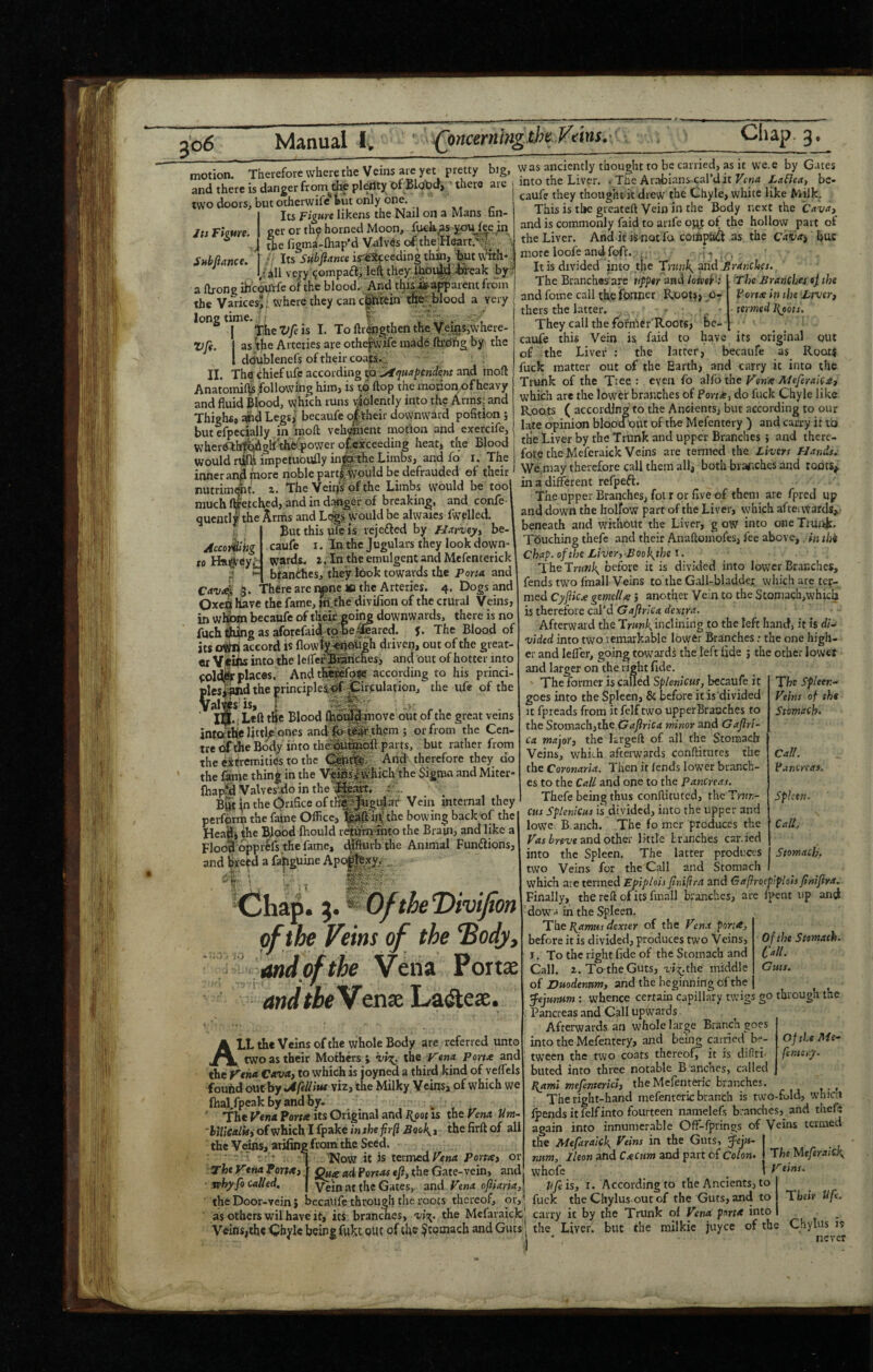 jo5 Manual !> ' fpncernmgtJmVtins motion. Therefore where the Veins are yet pretty big, and there is danger from^the plelity of Blotid, ’ there are two doors, but otherwife feut only one. Its Figure likens the Nail on a Mans fin- Its Fhure. ger or th? horned Moon, fuckas yoi^fee in ^ .J §iefigma-(hap'd Vulvas ofthejHeart.^. . Subfiance. ' Its Subfiance is^Xpeding th^, but /ill very <;©mpaa;1eS they IhOiiA^ak by:f a Orong ihcou'rfe of the blood.- And thi^i^arent from the Varices^' where they can c|^ttin fcblood a very long time. J; .. . / I ThcVfeh I. Toftr^gthenthe yein^jWhere- Vfe. I as .*tlie Arteries are othe^ife made ftrOhg by the 1 ddublenefs of their coajis^ II. The Chiefufc according IP and inoft Anatomi(|5;following him, is to ftop the motion,of heavy and fluid Bliood, which runs violently into the Arms; and Thighs# 4ad Legsj' becaufe oftheir downward pofition j but efpecially in 'moft vehement motion and exercife, wher^llrt^ghr'^fc'TOVVer o^c;i'Ceeding heat* tim Blood Would rij^ impetuoufly infe^he Limbs, and fo i. The inner and fnore noble part^Would be defrauded of their nutrim<mt. a. The Veiijs ofthe Limbs would be too much Iwetched, and in danger of breaking, and, conle- quentljl the Arms and L^s would be alwaiesdwelled. But this ule is. vejefted by Harveyy be- AccoMig caufe i. In the Jugulars they look down- ro wards. s. IntheemulgentandMcfcnterick g •“ bianClies, they took towards the Po«« and Cav<^ 3. Th6re are iwoe * the Arteries. 4. Dogs and Oxc« have the fame, fii the divifion of the crural Veins, in wl|om becauie of their going downwards, there is no filch tM£ aforefaid to bewared, f. The Blood of its accord is flowty^Odgh driven, out of the great¬ er V jlibs into leffei^’^ncEes j and out of hotter into places. Andt^efoiw according to his princi- >lcs|^d the principles:^^irsulation/the ufe of the ^altfs'is* r ■ in. i Led tiic Blood ljh0i|f^ove out of the great veins intafhte Uttle'ones and>|b':li^,thcm ; or from the Cen¬ tre of the Body into the'^i^fl parts, but rather from the MUremities to the And therefore they do the fame thini; in the V'i^sMhich the Sigma and Miter- fliapp Valves-dointhe^^^t, ,v.. _ BStintheOriSceofth&^^gi|ar Vein internal they perform the fame Office, Ipd'M'bowing back of the HeaPi the Bloodihould r^rnwto the Bram, and like a Flood bppr^fs the fame, d|!l:urb the Animal FuniSions, and bi-e?d a fapguine Apogtexy,-. • ' ■ ■ If Cihap.^OftheDmfion of the Veins of the ^ody. Vena Portae andtbeV^enx La^teae. wasanciently thought to be carried, as it we.e by Gates into the Liver. . The Arabians cal’d it Ffn<i LaSleay be¬ caufe they thought it drew the Chyle, white like Milk, This is the greateft Vein in the Body next the Ca'vay and is commonly faid to arife ojy: of the hollow part of the Liver. And it is not fo coihphi^ as the Ca<)a^ but more loofe and foft. ; . N . , It is divided into the Trunks ztid branches., The branches tj the Fortx in ihe Lsvery termed Hjots. All the Veins of the whole Body are referred unto ^ two as their Mothers ; i'»\. the y'ena Porta anc the Vena Cavaj to which is joyned a third kind of veflels fouhd out hy jifellitu viz, the Milky Veins, of which we flial.fpeak by and by. The Vena Porta its Original and I{pot is the Vena Urn- 'htltCilisi of which I fpake in the fir fi S ook^, the firft of all the Veins, atifing from the Seed. ■ ■ • * ^ 'Now it is termed r<»<t Porta) or ad Fortosejiy the Gate-vsiiii and Vein at the Gates, and Vena ofiiariaj. the Door-vein } becaufe through the roots thereof, or, * as others wil have it, its branches, vi's^. the Mefaraiclc, Veins,the Chyle being fpht of the Stomach and Guts | -The Vena Porta) ■ jfhy fo called. The Branches'are upper and loivei ' : and fome call the former Roots, C~ thers the latter. , ^ They call the fofn'ier'Roots, be-^ caufe this Vein is faid to have its original out of the Liver ; the latter, becaufe as Roots fuck matter out of the Earth, and carry it into the Trunk of the Tree : even fb a\{o the Vena Meferaica) which are the lower branches of Portay do fuck Chyle like Roots ( according to the Ancients, but according to our late opinion bloodout of the Mefentery ) and carry it to the Liver by the Trunk and upper Branches } and there¬ fore the Meferaick Veins are termed the Livers Handsi We.niay therefore call them all, both brartches and toots^ in a different refpeft. The upper Branches, foi r or five of them are fpred up and down the holfow part of the Liver, which aftei wards, beneath and without the Liver, g ow into one Trunk. Touching thefe and their Anaftoinofes, fee above,, in thi Chap.ofdseLiveryBookthei. TheTm«k before it is divided into lower Branches, fends two fmall Veins to the Gall-bladder which arc ter¬ med Cyflica gemdU J another Vein to the Stomach,whicb is therefore cal’d Gafirica dextra. Afterward the Trunk inclining to the left hand, it is di~ vided into two remarkable lowftr Branches: the one high¬ er and leffer, going towards the left fide ; the other lower and larger on the right fide. ' The former is called Splenicus, becaufe it goes into the Spleen, & before it is divided It fpreads from it felf two upper Branches to the Stomach,the Gafirica minor and Gafiri¬ ca majoT) the krgeft of all the Stomach Veins, which afterwards conftitufes the the Coronaria. Then it fends lower branch¬ es to the Call and one to the Pancreas. Thefe being thus conftituted, the Trun- Cus Splenicus is divided, into the upper and lowc: B anch. The fo mcr produces the iwx'e and other little tranches car.ied into the Spleen, The latter produas two Veins for the Call and Stomach which are termed Epiplois finifira and Gafirocpiplois finifira. Finally, the reft of its fmall branches, are fpent up and dowa in the Spleen. The Fjamus dexter of the Vzna porta, before it is divided, produces two 'Veins, I. To the right fide of the Stomach and Call. 2. To the Guts, x'j\.the middle of Duodenum, and the beginning of the jejunum: whence certain capillary twigs go through the Pancreas and Cali upwards Afterwards an whole large Branch goes into the Mefentery, and being carried be¬ tween the two coats thereof, it is cliflri- buted into three notable B anches, called ^ami mefenterici) the Mefenteric branches. ^ The right-hand mefenteric branch is two-fold, wlnat fpeijds it felf into fourteen namelefs branches, and thefe again into innumerable OfF-fprings of Veins termed the Mefarakk Veins in the Guts, ^«j«- num, Ikon and CaCtim and part of Colon. whofe Vfeis, I. According to the Ancients, to fuck the Chylus out of the Guts, and to carry it by the Trunk of Vena porta into the Liver, but the milkie juyee of the Chylus is The spleen- Veins of the Stomach. Call. Vancreai. Spleen. Call, Stomach, Of the Stemach. Call. Guts. Oj the Me- fentery. The Meferaick. Veins. Their never