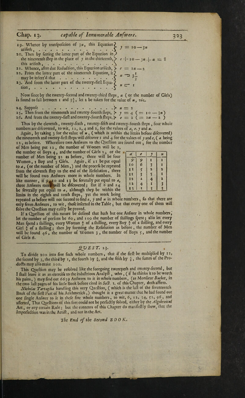 19. Whence by tranrpofuion of 3«, this Equation? __ atifeth,..0 ^ 20. Then by fetting the latter part of the Equation \t\ ? the nineteenth ftep in the place of j in the thirteenth, > = 8 this arifeth,.. . .3 21. Whence, after due Redudlion, this Equation arifeth, > e — 7h — 2 22. From the latter part of the nineteenth Equation, it? _ t may be inferrd that.^ ^ 23. 'And from the latter part of the twenty-firft Equa-5 ..s ^ tion tr* I Now fince by the twenty-fecond and twenty-third Reps, « ( or the number of Girls) IS found to fall between 1 and 3| , let 2 be taken for the value of «, viz. 24. Suppofe..)> « = 2 2^, Then from the nineteenth and twenty-fourth fteps, J> jy = 4 ( — 10 — 3») 2 5. And from the twenty-firft and twenty-fourth fteps, <? = 2(r=2/# — 2) Thus by the eleventh , twenty-fixth , twenty-fifth and twenty-fourth fteps , four whole numbers are difeovered, to wit, 12, 2,4 and 2, for the values of and «. Again, by taking 3 for the value of « , ( which is within the limits before difeovered) the nineteenth and twenty-firft fteps will difeover i and 4 for the values of y and e,{a being 12 , as before. Wherefore two Anfwers to the Queftion are found out 5 for the number of Men being put 12 , the number of Women will be 2, the number 01 Boys 4, and the number of Girls 2 • or the number of Men being 12 as before , there will be four Women, i Boy and 3 Girls. Again, if 11 be put equal to A, (or the number of Men,) and the procefs be repeated from the eleventh ftep to the end of the Refolution, there will be found two Anfwers more in whole numbers. In like manner, if 9^ o and 13 be fcverally put equal to a, three Anfwers rao^jwill be difeovered; But if 8 and 14 be fcverally put eqilal to a, although they be within the limits in the eighth and tenth fteps, yet the work being repeated as before will not fucceed to find e, j and h in whole numbers • fo that there arc only feven Anfwers, to wit, thofeinferted in the Table • but that every one of them will folve the Queftion may eafily be proved. If a Queftion of this nature be delired that hath butoneAnfwer in whole numbers^ let the number of perfons be 60, and 100 the number of (hillings fpent ; alfo let every Man fpend 2 (hillings, every Woman f of a (hilling, every Boy j- of a (hilling, and every Girl t of a (hilling; then by forming the Refolution as before, the number of Men will be found 46 , the number of Women 3 , the number of Boys y, and the number of Girls 6. a e JL. u 9 9 1 I 10 6 3 I 11 S 2 2 II 3 5 I 12 z 4 2 i 2 4 I 3 1 1 3 3 J^EST. 23. . . To divide 200 into five fuch whole numbers, that if the firft be multiplied by 12, the fecond by 3, the third by i, the fourth by ^nd the fifth by j, the fumm of the Pro- duds may alfo make 200. This Queftion may be refolved like the foregoing twentyeth and twenty-fecond, but I (hall leave it as an exercife to the induftrious Analyft , who , (if he thinks it to be worth his pains,) may find out 6639 Anfwers to it in whole numbers, '(as Sachet y in the two laft pages of his little Book before cited in Se^. i. of this Chapter, doth affirm. .Nicholas Tartaglia handling this very Queftion, ( which is the la(f of the feventcenth Book of the firft Part of his Arithmetick,) thought it a great matter that he had found out one fingle Anfwer to it in thefe five whole numbers, to wit, 6, 12, 34, 72, 95, and alTerted, That Queftions of this fort could not be perfedly folved, either by the v^lgebrakal Art, or any certain Rule ; but the contents of this Chapter do manifeftly (liew, that the Imperfedion was in the Artift, and not in the Art. ihc End of the Second BOOK* , ,