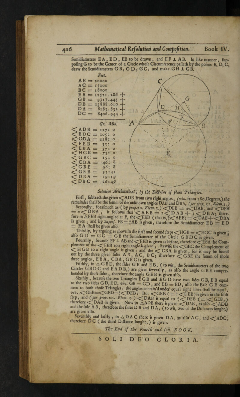 Semidiameters E A., E D , EB to be drawn, and E F ± A B. In like manner, fup- pofing G to be the Center of a Circle whofe Circumference paffeih by the points B, D, draw the Semidiameters G B, G D ^ G C, and make G H X C B. Feet, A B = 20000 AC = 15000 BG = 18000 E B = 12521 .285 -1- GB r= 9317-445 -1- DB = 13888.610 -}-* D A — 8283 • ^3^ DC = 8406,944 ^ A/ Gr. 2lSn. A.’ <; ADB <BDC <CDA <EE B <EB A <HGB <GBC <CB A <GBE < GE B < DB A <DBC ' ^ 127 0 — 105 0 — 128 0 53 0 37 0 * 75 0 — 15 0 — 46 8; — 98 8 3 3 41 — 19 19 » 2 j. . i = 26';451 t ■ Solution Arithmetical^ hj thd DoBrine of jlain triangles, ^ • Firft, fubtrait the given <^ADB from two right angles, (viz,, from 180.Degrees,) the remainder lliall be the fumra of the unknown angles DAB and DBA, (per prop 2 z Elem i.) Secondly, forafmuch as (,hy frop,.io, Elem. ^.) <DEB =: 2<DAB, and <DEA T <AEB = 2<DAB-h 2<DBA; there¬ fore in aFEB right-angled at F, ihe<FEB (that is, i<AEB) = <DAB + <DBA IS given • and by FB^rfAB is given, therefore the Semidiametcr EB = ED = E A mail be given alfo. TWrdly, by arguing as above in the firft and fecond fteps CHGB = <rHGC is given : alfo G D = G C = G B the Semidiametcr of the Circle G B D C is given. ’ Fourthly, becaufe EF X AB and <;;[^FEB is given as before, therefore c^EBA the Com- ^ f8’^ i likewiTe the <;GBG the Complement of < H G B to a right ang e is given ; and the < CBA is given , for it may be found out by ^he^hree given fides A B, AC, BCj therefore <GBE the fumm of thofc three angles, E B A, C B A, G B C is given. Fifthly, in A GBE, the fides GB and EB, (to wit, the Semidiameters of the two Orcles GBDC and EADE,) arc given feverally, as alfo the angle GBE compre¬ hended by thofe Tides , therefore the angle G E B is given alfo. Sixthly , becaufe the two Triangles EGB and EG D have two fides GB, E B equal to the two fides G D, E D, vi^. GB = GD , and EB ED, alfo the Bafc G E com¬ mon to both thofe Triangles; the angles contain’d under equal right lines fhall be equal ‘ <CGEB ( — 7<^DEB) is given in the fifth ftep and (per prep. 20, Elem. 3.) <DAB is equal to t<D£B ( — CGEB,) therefore <^DAB is given. Now in aADB there is given <r DAB, as alfo ADB and the fide A 8, therefore the fides D B and D A, (to wit, two of the Diftances fought,) ate given alfo. - . ° ' Seventhly and laftly , in A D A C there is given D A, as alfo A C, and <r ADC, therefore DC (the third Diflance fought,) is given. The End cf the Fourth and Ufi B O O K. SOLI DEO GLORIA. £5> - f- -h
