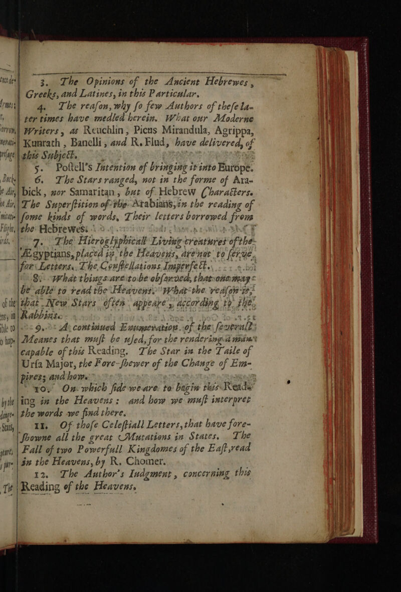 Cutt des | Greeks, and bad in this Particular. 4. The reafon, why fo few Authors of thefe la- | | ter times have media herein. What our Moderne ml Writers, a Reuchlin, Picus Mirandula, Agrippa, fa nag | shes Subjett. we: Poftell’s Zatention of bringing i it into Burépé: Jk) 6 The Stars rangeds not in the forme of Ara- Air, Dick , wor Samaritan, bat of Hebrew (haraéters. MAT he Superftition ofdbe: Arabians, inthe reading of Fri, the: Alebrewesi : à :. ds, 7. The Hierogljphicall Ziviey créatures ofthe fer: Letters, The. Couftchations, Inaperfe ct. La 82 What thiugsareitobe abfsrded, thatrane sap beable’ to read the Heavens? What rhe. vealow'r, dela. New Stars often appeate » According to, he ns in Rabbins. be tO f&lt; 22 9.2: 4 continued Entmenation of the feabrule yup | ALeanes that mul be ufed, for the rendering.d niin capable of this Reading. The Star in the Taile of Urfa Majer, the Fore- Jpewer of the Change of Em- press and how. 10, On. which fide weure to Bagh His Reads yy king in the Heavens : and bow we “mnt interpret he | ithe words -we find there, Sais SEEM OF thofe Celeffiall Letters, that bave fore- frowne all the great Mutations in States. The var Fall of two Powerfull Kingdomes of the Eaft,read i | gn the Heavens, by K, Chomer. 12. The Author's Iudgment , concerning this Tt | Reading of the Heavens, = L'une scies aimée tirana tab èn Coven amas ea TATE DRE Ena AR De TRES oy REP EE RE © Ral aban Thess PERS dense ss arm EEE A an De Da bn mi te Sd SAME Le à md wd Ha me md me mm sent cn Semen reese wr be so er ee ee ee eee