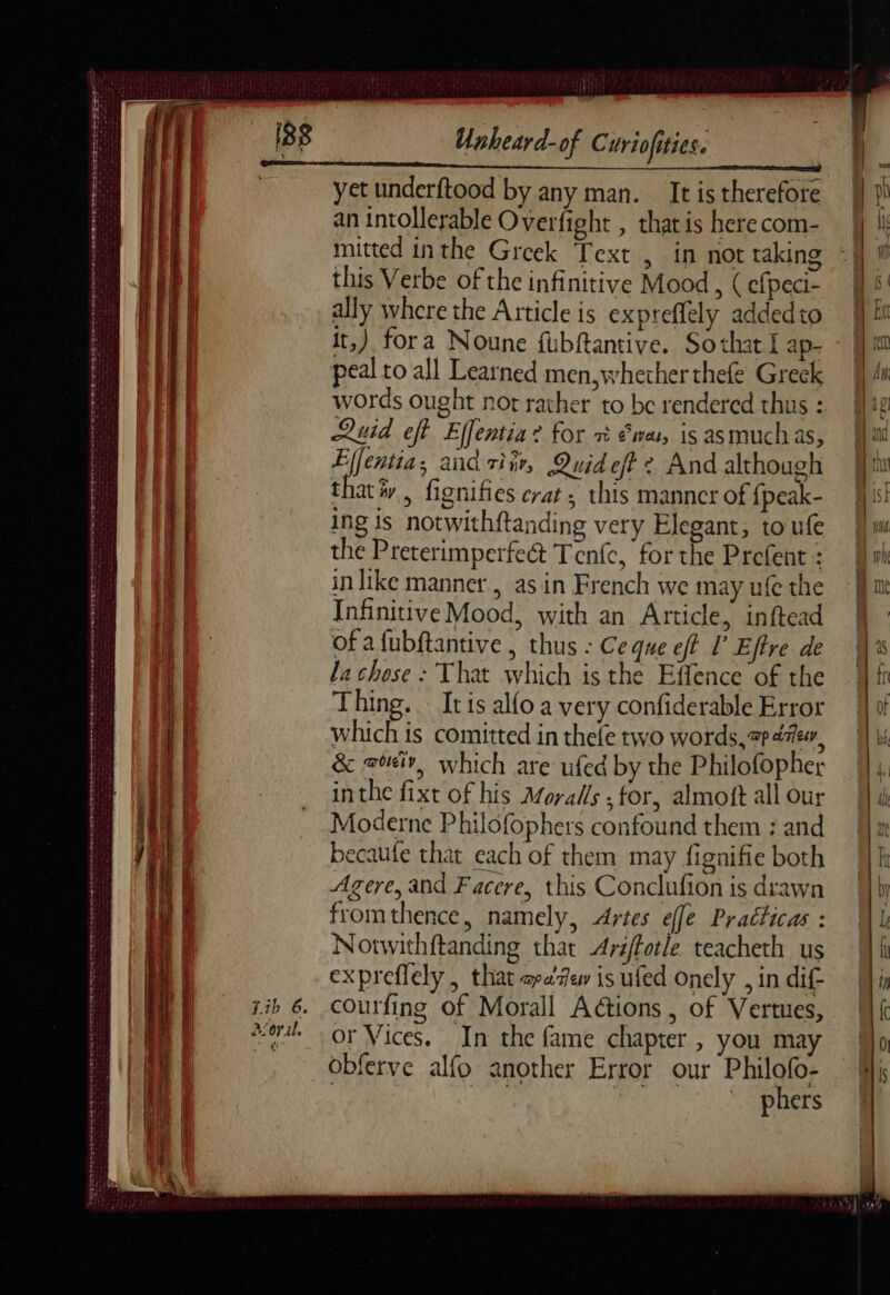 es ES <a eee — === = = nn ne eee a Sete oh me etn ee ee ae ee PLS RS a eee SORTER DST te eet ens os we m6 MERS ccecer Sr AS, . _ =. Unheard-of Curiofities. it,) fora Noune fubftantive. Sothat I ap- peal to all Learned men, whether thefe Greek words ought not rather to be rendered thus : Lud eft Effentia ? for à &amp;wat, is asmuchas, Effentia, and rinr, Quid eft 2 And although thativ., fignifies crat ; this manner of fpeak- Ing 1s notwithftanding very Elegant, toufe the Preterimperfect Tenfe, for the Prefent : in like manner, as in French we may ufe the Infinitive Mood, with an Article, inftead of afubftantive, thus : Ce que eff I’ Eftre de la chose : That which is the Effence of the Thing. Iris allo a very confiderable Error which is comitted in thele two words, péter, &amp; set, which are ufed by the Philofopher inthe fixt of his Moralls ; for, almott all our Moderne Philofophers confound them : and becaufe that each of them may fignifie both Agere, and Facere, this Conclufion is drawn fromthence, namely, Artes effe Practicas : Notwithftanding that Arsffotle teacheth us expreflely , that oraew is ufed onely , in dif courfing of Morall Actions, of Vertues, or Vices. In the fame chapter , you may obferve alfo another Error our Philofo- | | FR lade phers