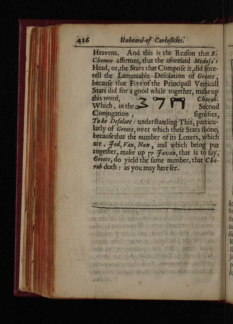 Lt he ol St de En TS RENE PEER CARE E Det Le De A EOSONA 2 ASE pe à TA Te ne er er pit ne EE LS POMS ELE Ret pene a Ar senna TROT EDR ert ree pe penetra es mers rm APRES TEE et RS wo SE on exes canner vere es Unhenrd-of Curhofities: Heavens. And this is the Reafon that R: Chomer affirmes, that the aforefaid Medufa’s Head, or,the Stars that Compofe ir, did fore- tell the Lamentable-Défolation of Greece : becaufe that Five'of the Principall Verticall || Stars did for a good while together, makeup this word ; Charab. Which, in thea oy ry . Second Conjugation; . fignifies, Tobe Defolate : ynderftanding This, paiticu- larly of Greece, over which thefe Stars fhône; becaufethat the number ofits Letters, which are, Pod, Van, Nun, and which being put | together, make up ry Favan, that is to fay; | Greece, do yield the fame number, that Cha- ||» rab doth : as you may here fee. | }