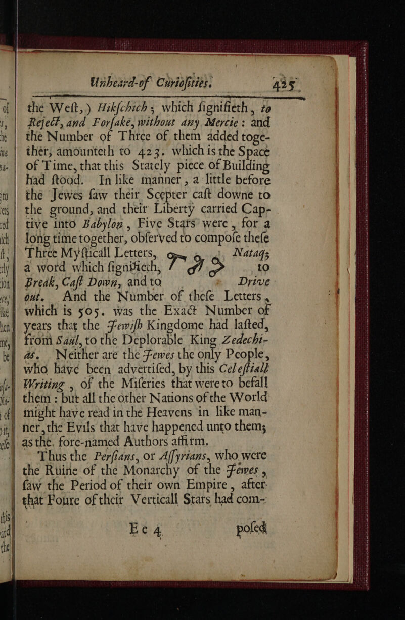 Reject, and Forfake, without any, Mercie : and the Number of Three of them added toge- ther; amounteth to 423. which is the Space of Time, that this Stately piece of Building had ftood. In like manner, a little before the Jewes faw their Scepter caft downe to the ground, and their Liberty carried Cap- tive into Babylon , Five Stars were, for a long time together, obferved to compofe thefe Three Myfticall Letters, Nataqs a word which fignificch, ap | D ‘i Break, Cat Down, and to | Drive out. And the Number of thefe Letters , #. Neither are the Fewes the only People, who have been advertifed, by this Ce/effiall Writing , of the Miferies that were to befall ner the Evils that have happened unto them; as the. fore-named Authors afhirm. Thus the Perfians, or Affyrians, who were Ee 4 poled a Se PER NES + eS Sys SET CA ATS BST ASS BSS Sek Se ee om 0 AN RR he Lace Eh eee PE DOS EN OS te ER Oe LUE de ee AUPE STE LE oe ee ees we ek ER Dee AR REA MEN Le 5 2 nl ora a en en à Ar Se, Se À em me CERTES