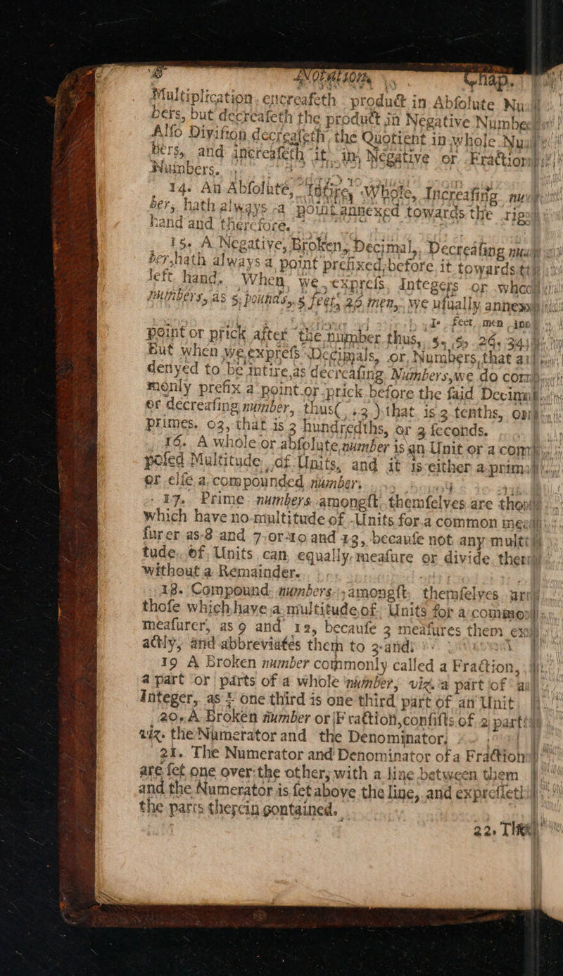 a SN OTHE LOI Multiplication. encreafeth product in Abfolute Nu»! vi wae Pick BF d t jg.2 ‘ * ‘ © 7 , i Diyifton decreafeth, the Quotient in whole Nyy: Hers Wuinbers, (eee 14. An Abfolaté, “Tatiz éer;. hath always -a pout hand and thercfore. °°” 15+ A Negative, Broken, Decimal,, D : ey lis st} dfGy Whole, Increafing nuvi: i annexed towards the rp i ht ad ! tafe 4h 44> 7 ieft. hand. When we. 9324 i445 Pte ey ‘ wy el bbs ee Pune s, aS 5: Pounas, 5 feet, 2: Je feet. men joo! But when we exprefs denyed to be intire.as decre er decreafing number, thus(. ..2.).that Primes. 03, that is 3 hundredths, or g feconds. poled Multitude: af Units, an or clié a, compounded nmnber: a h| furer as-8 and 7,0r-4o and 43, becaufe not: any multi tude,.ef, Units can, equally,meafure or divide. therm without a Remainder. oth} 3 el 13. Compound: awmbers:,amongtt, themfelyes are meafurer, as9 and 12, becaufe 3 meafures them_exy actly, and abbreviates them to z-ands Seah yl 19 A Broken number commonly called a Fraction, ; i 4 part or parts of a whole ‘nimber, viz.ia part of “a Integer, as + one third is one third part of an Unit aiz. the Numerator and the Denominator, the parts theycin gontained.