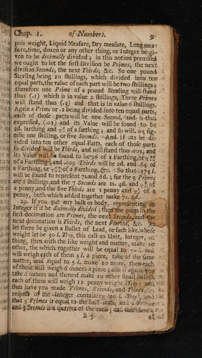 : -~- =a SS es —. =. = ee ee ee ee oe £5 [ay — <> v2 oe c~ eS ae - ~ > Chap. i. of Numbers. ° pois weight, Liquid Meafure, Dry meafure, Long mea- fure,time, dozen or any other thing, or Integer bé:gi- ven to be decimally divided; in this notion premifed we ought tolet the firft Divifion be Primes, the next divifion Seconds, the next Thirds, &amp;c. So one pound Sterling being 20 fhillings, which divided inte ten equal parts,the value of each part will be two fhillings 5: therefore one Prime of a pound. Sterling will-ftand thus (.1) which is in value 2 fhillings, ,Three Primes will ftand thus (.3) and: that is in value-6 fhillings, Again a Prime or «1 being divided into ten equal parts, exprefled, (.o1) and its Value will be found. -to. he ad. farthing and —¢ ofa farthing 5 and fo will. og fig- nifie one fhilling, or five Seconds. And. if cay be «dic vided into ten other equal-Parts, each of thofe parts. - fo. divided’ will be Thirds, and. will ftand thus or; and -™ its Valué€ willbe found. to be96.of a Farthing, ors 9 ofa Farthing, and .oo9 ‘Thirds will be od, and 64°. of a Farthing, or +*:of a Farthing, gsc, *So that.274 /, will be found to reprefent 7s.and 6d. 5 forthe 2 Primes aré-6 thillings,and the 7 Seconds-are. 1s. 4@.-and —? of a penny,and the five Thirds are x penny and 2 of a penny, both which added together’ make 75. 6A: 29. If you.-put any bulk or body, reprefenting’ an Integer if it be dectnally divided ; thertthe parts inthe frit decimation are Primes, the-next Secondsyand=the next decimation is Thirds, the next Fourths, &amp;c. “BS weight let-be .¢o 1..77oy, this calk-an Umit, . Integer, -ox thing, then with the like weight and matter, make ic other, the which.together will be equal to 40 /,-and will weigh eich of thems /. a piece, take of the fame waatter; and equal to 5 /, make yo more,.: thetkeach of thoie: will: weigh 6 ounces.a piece; alfo if again fou take.6 ouhces and thereof make 19 other {mall Salles éach of.them will weigh 12 penny weight sF yoy ; thus have you made Primes, < Seconds, and: Thad$s7i7 reipece of the “Integer containinz zeo L ‘Bray amd) that 5 Primes is‘équal to. the halt Wats, and 2Brery Bs ¢