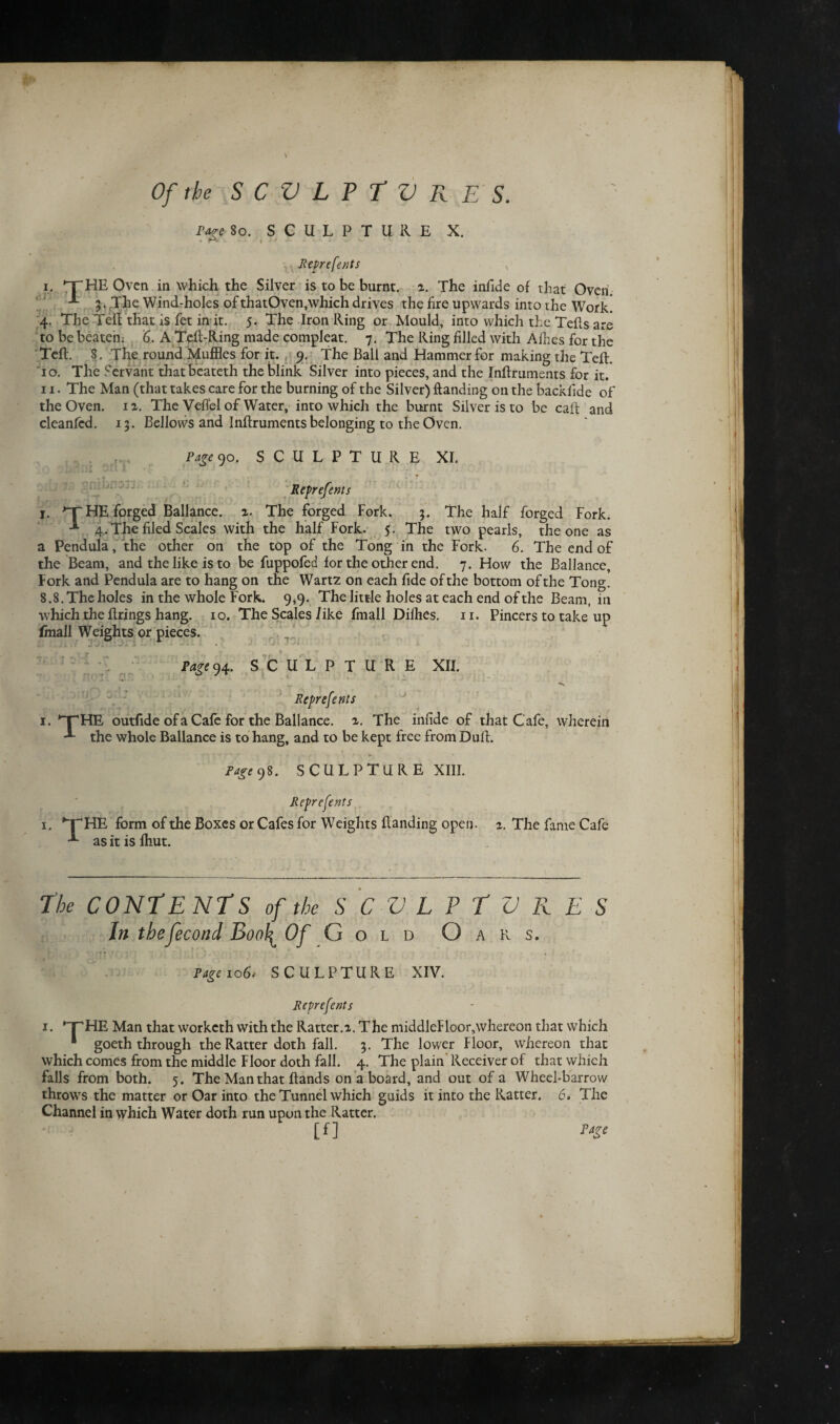 Of the S C V L P T V R E s. rare 80. SCULPTURE X. , Reprefenls x i. *nTHE Oven in which the Silver is to be burnt, z. The infide of that Oven. 3. (The Wind-holes of thatOven,which drives the fire upwards into the Work. 4. The TeB that is fet in it. 5. The Iron Ring or Mould, into which the Tefls are to be beaten; 6, A Teh-Ring made compleat. 7. The Ring filled with Allies for the TeB. 8. The round Muffles for it. 9. The Ball and Hammer for making the Teh. 10. The Servant thatbeateth the blink Silver into pieces, and the Inhruments for it. 11. The Man (that takes care for the burning of the Silver) handing on the backfide of the Oven. 1 2. The Veffel of Water, into which the burnt Silver is to be cah and cleanfcd. 13. Bellows and Inhruments belonging to the Oven. Page 90. SCULPTURE XL Reprefents '■ T HE forged Ballance. 2. The forged Fork. 3. The half forged Fork. -*• 4. The filed Scales with the half Fork. 5. The two pearls, the one as a Pendula, the other on the top of the Tong in the Fork. 6. The end of the Beam, and the like is to be fuppofed for the other end. 7. How the Ballance, Fork and Pendula are to hang on the Wartz on each fide of the bottom of the Tong. 8.8. The holes in the whole Fork. 9,9. The little holes at each end of the Beam, in which the firings hang. 10. The Scales iike fmall Difhes, 11. Pincers to take up fmall Weights or pieces. Page 94. SCULPTURE XII. Reprefents 1. >T'HE outfide of a Cafe for the Ballance. z. The infide of that Cafe, wherein the whole Ballance is to hang, and to be kept free from Dull. Page 98. SCULPTURE XIII. Represents 1. ’T'HE form of the Boxes or Cafes for Weights Banding open. ■*- as it is fhut. 2. The fame Cafe The CONTENTS of the S C V L P T V R E S In thefecond Bool£ Of Gold Page 106/ SCULPTURE XIV. Reprefents A R 1. *PHE Man that worketh with the Ratter.2. The middleFloor,whereon that which * goeth through the Ratter doth fall. 3. The lower Floor, whereon that which comes from the middle Floor doth fall. 4. The plain Receiver of that which falls from both. 5. The Man that Bands on a board, and out of a Wheel-barrow throws the matter or Oar into the Tunnel which guids it into the Ratter. 6. The Channel in which Water doth run upon the Ratter. in Page
