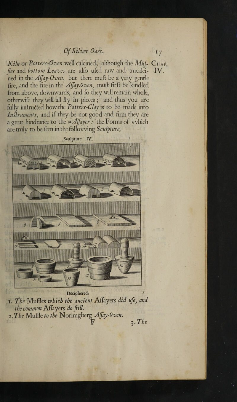 Kiln or Pottery-Oven well calcined, although the Muf- Chap. fey and bottom Leavey are alfo ufed raw and uncalci- IV. ned in the Affay-Oven, but there muft be a very gentle fire., and the fire in the Ajfay.Oven, muft firft be kindled from above, downwards, and lo they will remain whole, otherwife they will all fly in pieces * and thus you are fully inftru&ed how the Pottery-Clay is to be made into Instrumentyy and if they be not good and firm they are a great hindrance to the Qjfjfayer: the Forms of which are truly to be feen in the following Sculpture. Sculpture IV. *- Deciphered. 1. The Muffles which the ancient Aflayers did ufe, and the common Aflayers do flill. 2. The Muffle to the Norimgberg Ajfay-Qven. F ^.The