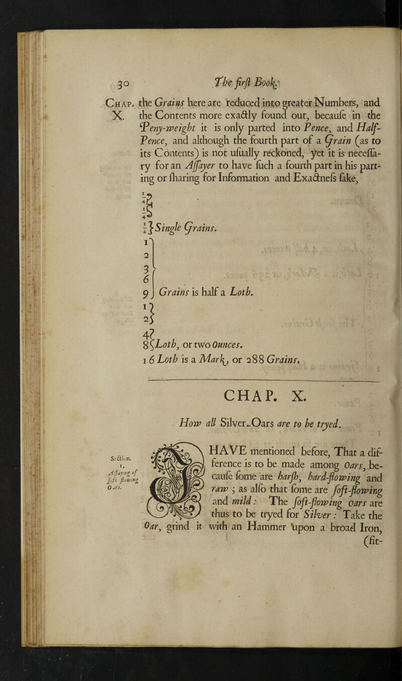 * «.-•*•» <► i Chap, the Grains here are reduced into greater Numbers, and X. the Contents more exa&ly found out, becaufe in the x'eny-weight it is only parted into Pence, and H^/f- Pence, and although the fourth part of a {/W# (as to its Contents) is not ufually reckoned, yet it is necefia- ry for an Ajfayer to have (itch a fourth part in his part¬ ing or fharing for Information and Exadnels fake. Single Cj rains. 2 3 6 9) i} Grains is half a Loth. ft^Loth, or two Ounces. i 6 Loth is a Mar\y or 288 Grains* CHAP. X. How all Silver-Oars are to be tryed. HAVE mentioned before, That a dif¬ ference is to be made among Oars, be- caufe lome are barjh, bard-flowing and raw ; as alio that lome are foft-flowing and mild: The foft-flowing oars are thus to be tryed for Silver: Take the Oar, grind it with an Hammer 'upon a broad Iron, (fit-