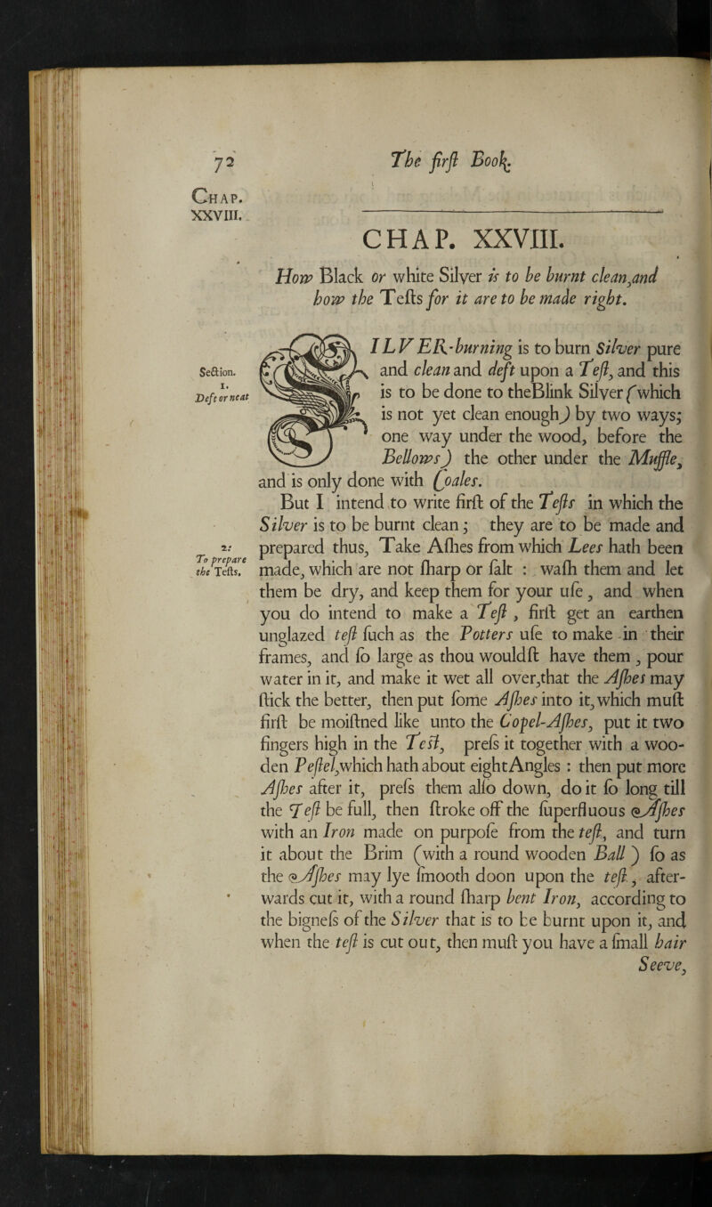 XXVIII. Se&ion. i. Deft or neat i: To prepare the Tefts, The frfl Boo^ CHAP. XXVIII. % How Black or white Silver h to be burnt cleaned how the Tefts for it are to be made right. ILV EK’burning is to burn Silver pure and clean md deft upon a Teft, and this is to be done to theBlink Silver (which is not yet clean enough) by two ways; one way under the wood, before the Bellows) the other under the Mujfte, and is only done with [pales. But I intend to write firft of the Tefts in which the Silver is to be burnt clean; they are to be made and prepared thus, Take Allies from which Lees hath been made, which are not fharp or fait : wafh them and let them be dry, and keep them for your ufe , and when you do intend to make a Teft , firft get an earthen unglazed tefl fuch as the Totters ufe to make-in their frames, and fb large as thou would ft have them , pour water in it, and make it wet all over,that the Aftoes may ftick the better, then put fbme Aftoes into it, which mud firft be moiftned like unto the Copel-Aftoes, put it two fingers high in the Test, prefs it together with a woo¬ den Pe/?e/, which hath about eight Angles : then put more Aftoes after it, prefs them alfo down, doit fb long till the 7 efl be full, then ftroke off the fuperfluous ^Aftoes with an Iron made on purpofe from the teft, and turn it about the Brim (with a round wooden Ball ) fb as the <2.Aftoes may lye fmooth doon upon the tefl., after¬ wards cut it, with a round fharp bent Iron, according to the bignefs of the Silver that is to be burnt upon it, and when the teft is cut out, then rnuft you have a fmall hair Seeve,