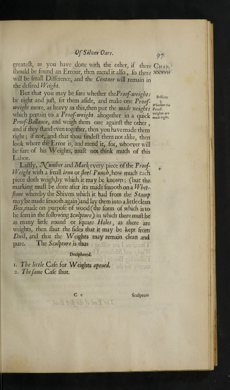 greateft, as you have done with, the' other, if there Chap. fiiould be found an Errour, then mend it alfo, lo there xxxvii will be friiall Difference, and the Centner will remain in the defired Weight. But that you may be fare whether thtTr oof-weight s Se<aicn. be right and juft, fet them afide, and make one Proof- V°‘ weight more, as heavy as this^hen put the made weights Proof, which pertain to a Proof-weight altogether in a quick Proof-Ballance, and weigh them one againft the other, and if they ftand even together, then you have made them right; if not, and that thou findeft them not alike, then look where the Error is, and mend it, for, whoever will be lure of his Weights, muft not think milch of this Labor. Laftly, umber and Maifeycry piece of the Proof- Weight with a fmall iron or fteql Punch, how much each piece doth weigh,by which it may be known : (but the marking muft be done after its made finooth on a Whef- flone whereby the Shivers which it had from the Stamp maybe made fmooth again)and lay them into a little clean Box,midc on purpofe of wood (the form of which is to be leen in the following Sculpture) in which there muft be as many little round or lquare Holes, as there are weights, then fliut the fides that it may be kept from Dml, and that the Weights may remain dean and pure. The Sculpture is thus • . ■ , - Deciphered. ' • * • * n- t r } 7 t i f T! j f g ' • 1. The little Cafe for Weights openedi 2. The fame Cafe fhut. C c t ■' r\ Sculpture . \