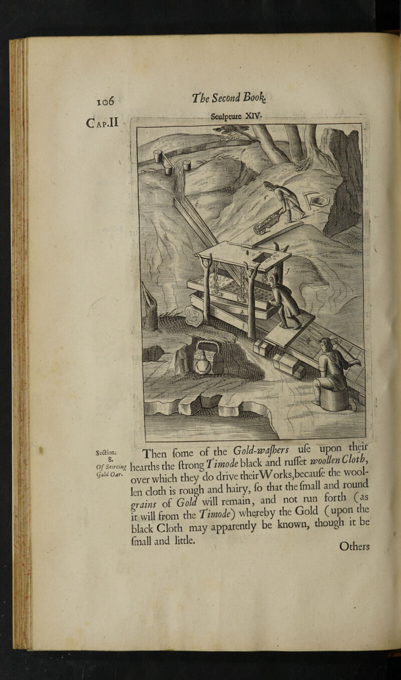 Gap-11 Se&ion; 8. Of Setrcing (fold Oar. Then fome of the Gold-wafers ufe upon their hearths the ftrong Timode black and ruffet woollen Cloth, over which they do drive theirWorks,becaufe the wool¬ len cloth is rough and hairy, fo that thefmall and round grains of Gold will remain, and not run forth fas it will from the Timode) whereby the Gold (upon the black Cloth may apparently be known, though it be fmall and little. Others /