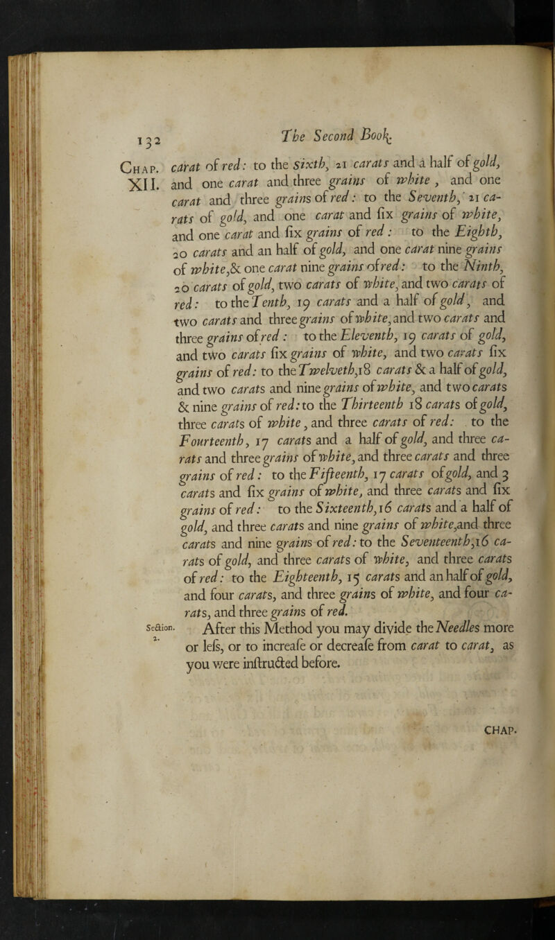 Chap, carat of red: to the sixth, zi carats and a half of gold, XII. and one carat and three grains of white , and one carat and three grains of red: to the Seventh, ' u ca¬ rats of gold, and one carat and fix grains of white, and one carat and fix grains of red: to the Eighth, 20 carats and an half of gold, and one carat nine grains of white,Sc one carat nine grains of red: to the Ninth, 20 carats of gold, two carats of white, and two carats of red: to the Tenth, 19 carats and a half of gold, and two carats and three grains of white, and two carats and three grains o{red: to the Eleventh, 19 carats of gold, and two carats fix grains of white, and two carats fix grains of red: to theTwelveth,i& carats & a half of gold, and two carats and nine grains of white, and two carats & nine grains of red: to the Thirteenth 18 carats of gold, three carats of white, and three carats of red: to the Fourteenth, 17 carats and a half of gold, and three ca¬ rats and three grains of white, and three carats and three grains of red: to the Fifteenth, 17 carats ofgold, and 3 carats and fix grains of white, and three carats and fix grains of red: to the Sixteenth,16 carats and a half of gold, and three carats and nine grains of white,oxA three carats and nine grains of red: to the Seventeenth,16 ca¬ rats of gold, and three carats of white, and three carats of red: to the Eighteenth, 15 carats and an half of gold, and four carats, and three grains of white, and four ca¬ rats, and three grains of red. Se&ion. After this Method you may divide the Needles more or lels, or to increafe or decreafe from carat to carat3 as you were inftru&ed before. CHAP.