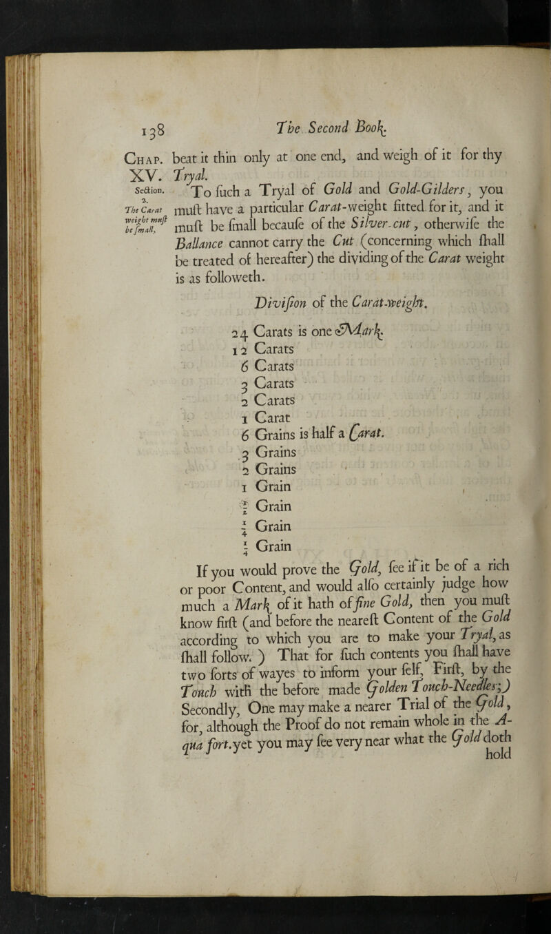 Chap, beat it thin only at one end, and weigh of it for thy XV. Tryal. Se&ion. To fuch a Tryal of Gold and Gold-Gilders , you The Carat muft have a particular Carat-weight fitted for it, and it muft be fmall becaufe of the Si her .cut, otherwife the Ballance cannot carry the Cut (concerning which fhall be treated of hereafter) the dividing of the Carat weight is as followeth. Divifion of the Car at-weight. 24 Carats is ontTh/Ldrl^ 12 Carats 6 Carats 5 Carats 2 Carats 1 Carat 6 Grains is half a Qmt. 3 Grains 2 Grains . ' , v> 1 Grain I Grain l Grain l Grain If you would prove the Gfold, fee if it be of a rich or poor Content, and would alfo certainly judge how much a Uar\ of it hath of fine Gold, then you muft know firft (and before the neareft Content of the Gold according to which you are to make your Tryal, as fhall follow. ) That for fuch contents you fhall have two forts of wayes to inform your felf, Firft, by the Touch with the before made olden Touch-Needles ',) Secondly, One may make a nearer Trial of the (fold, for, although the Proof do not remain whole in the A- qua fort.yet you may fee very near what the (fold doth
