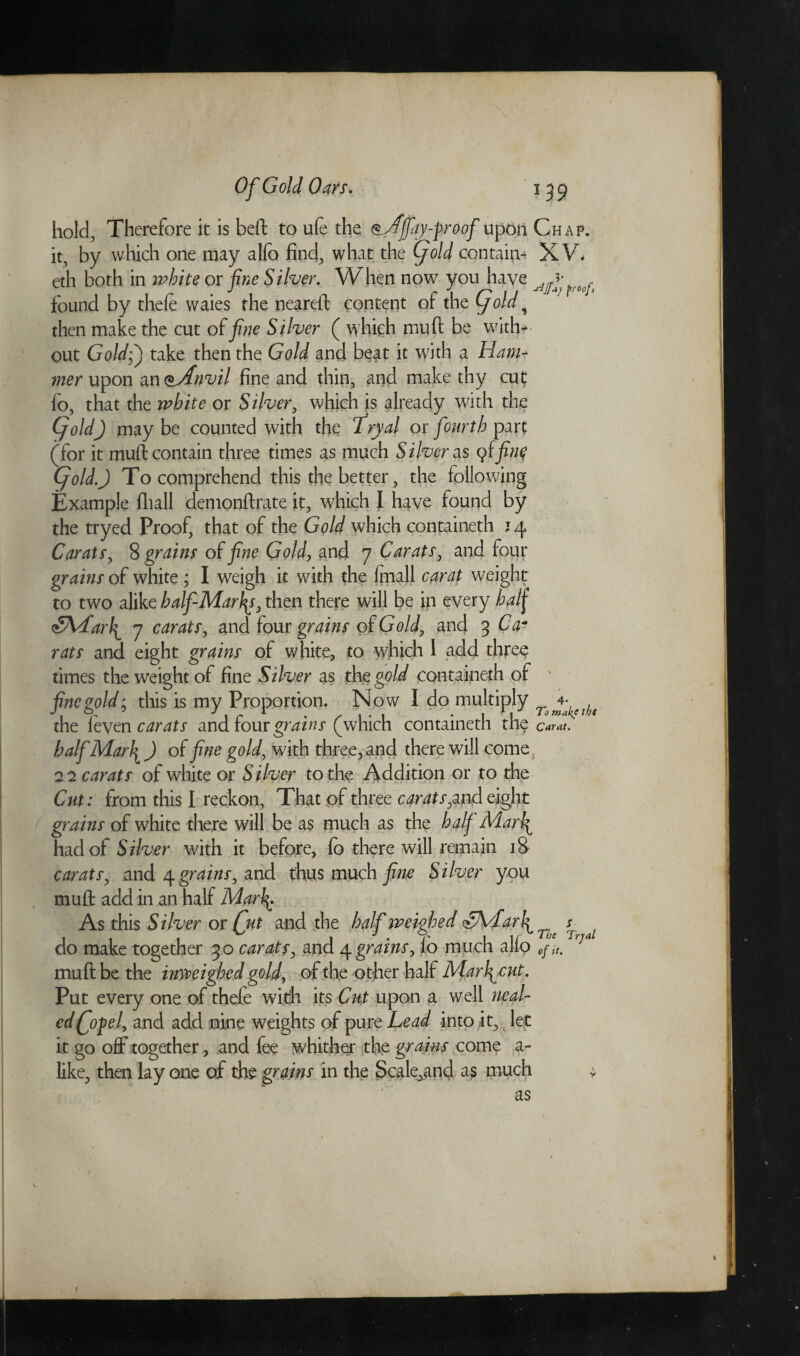 hold, Therefore it is beft to ufe the. ^Affay-froof upon Chap. it, by which one may alfo find, what the (fold contain- XV* eth both in white or fine Silver. When now you have found by thefe waies the neareft content of the fold 1 then make the cut of fine Silver ( which mud be with¬ out Gold;) take then theGold and beat it with a Ham¬ mer upon an <*Anvil fine and thin, and make thy cut fo, that the white or Silver, which is already with the (fold) may be counted with the fryal or fourth part (for it muft contain three times as much Silver as 9ffinj fold.) To comprehend this the better, the following Example fliall demonftrate it, which I have found by the tryed Proof, that of the Gold which contained! ; 4 Carats, 8 grains of fine Gold, and 7 Carats, and four grams of white ; I weigh it with the feiall carat weight to two alike half Marty, then there will be ip every half (SALarty 7 carats, and four grains of Gold, and 3 Ca* rats and eight grains of white, to which 1 add three times the weight of fine Silver as the gold containeth of fine gold; this is my Proportion. Now I do multiply To+^etf>4 the leven carats and four grains (which containeth the carat, half Marty) of fine gold, with three, and there will come 22 carats of white or Silver to the Addition or to the Cut: from this I reckon, That of three carats, and eight grains of white there will be as much as the half Marty had of Silver with it before, fo there will remain 18 carats, and 4 grains, and thus much fine Silver you muft add in an half Marty As this Silver or Qtt and the half weighed <§h/£#rty $ do make together 30 carats, and grains, lo much alfo 0f lU 7 muft be the imveighed gold, of the other half Martycut. Put every one of thefe with its Cut upon a well neal- edfopel, and add nine weights of pure Lead into it,, let it go off together, and fee whither the grains come a- like, then lay one of the grains in the Scale,.and as much as V