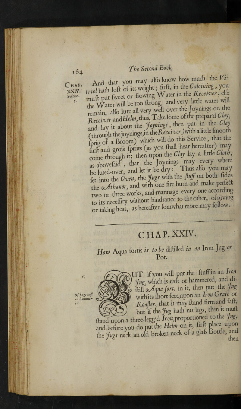 Chap. XXIV. Scftion, The Second Boo\ A„ J tivlf vou may alfoknow how much the Vr t io/hath loft of its weight; firft, in the Calcining, you mu ft put fweet or flowing W ater in da Receiver, eke Se Water will be too ftrong, and very little water will remain alfo lute all very well over the Joynmgs on the Receiver and Helm, thus, Take fome of the prepaid Clay, fnd lay it about the Joynings, then put in the Clay TZcJh the joynings,in thefts to>«h a little fmooth forig of a BroL) which will do this Service that the fiPrft and grofs fpirits (as you (hall hear hereafter) may oome'through it? tta ^ the Clay lay a lit* CM, as abovefaid , that the Joynings may every where be luted-over, and let it be dry j Thus alfo you may fa into the to, the Jugs with the fluff™ both fides the <$Jthanor, and with one fire burn and make perftd two or three works, and mannage every one according to its neceffity without hindrance to the other, ofgivin^, or taking heat, as hereafter fomwhatmore may follow. CHAP. XXIV. How Aqua fortis is to be diftilled in an Iron Jug or Pot. I. Of J caff or hammer¬ ed. TIT if you will put the fluff in an Iron Jup which is calf or hammered, and di* iiMqua fort, in it, then put the Jug withits fliort feet,upon an Iron Grate or Roafler, that it may ftand firm and raft, y but if the Jug hath no legs, then it mull ftandmpon a three-legg'd Ironproportioned to the Jug and before you do put the Helm on it, firft place upoi the Jugs neck an old broken neck of a glafs Bottle, a .