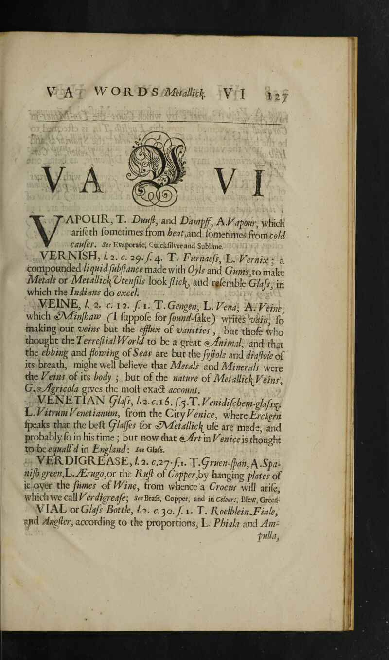 V A • WORDS ^ f m r - ^ V I I %y OJ.balxp3jl3 -T' * j *\ • j r.’* ' MS '^'hVv \.1 Tt ■■ AP n-\: «A* >.» Cau-i^U _ • t • ?•'; v./t:' t . i. TU tfA\ ‘ ' rv*;:; -rl > .4 « i * 4 A POUR, T. Duufl, and Dampffl, A .Vapour, which arifeth Iometimes from £o*f,and Iometimes from cold cayfes. See Evaporate, Cuickfilver and Sublime. VERNISH, /. 2. c. 2sg. f. y. T- Furnaefs, L. Rernix a compounded liquidfubflance made with Oyls and Gwnsyo make Metals at Metallic^ Vtenfils look jhcf and refemblh Giafs, in which the Indians do ewe/. VEINE, /. 2. c. 12. f. i. T. Gengen, L. Vena, A. !■’cine which S\AinJhatn (l fuppofe for fund-lake) writes vhin, fo making our veins but the efflux of vanities, but thofe who thought the 7’erreflial World to be a great «Animal, and that the ebbing and flowing of Seas are but the fyflole and diafhie of its breath, might well believe that Metals and Minerals were the Veins of its body ; but of the nature of Met allied Feins, G. 'sjfgricola gives the mold exad account. VENETIAN flgbifls, /.2. c.16. fj.T. Vtnidifchem-glafs L. Vitrum Venetiamm, from the Gity Venice, where Ere hem lpeaks that the beft (ylaffes for <£Kdetallic\ ufe are made, and probably lb in his time; but now that <tArt in Venice is thought to be cquail'd in England: see Giafs. VERDIGREASE, /. 2. cay-fx. .(yrnen-fpan, A.Spj- nijh green,L. JErugo,or the Rufl of Copper,by hanging plates of it over the fumes of Whe, from whence a Crocm will arife, Which We call Verdigreaje'. See Brafs, Copper, and in Colours, Blew, Greed- VIAL or Giafs bottle, 1.2. cyo. f. 1. T. Roelblein^Fiale, and Angfler, according to the proportions, L. Phiala and Am¬ pulla,