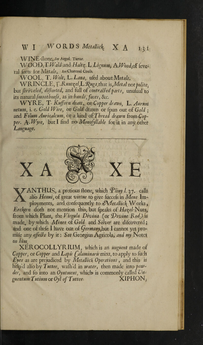 ■** gj* WINE-ftone^w Argol Tartar. WOOD, TWaid and Halt^ L Lignum, AJWood,d£ leve- ral forts lor MCtals, ^Charcoal Coals, WOOL, T. Wolt, L.Lana, ufed aboutTSAetalh WRINOLE, r.R^^L^^that is,Metal not polity but foriveled’ diflorted, and full of contraBedparts, unufual to its natural fmoothnejs, as in hand?, faces, See. WYRE, T• Kujforn dratt, or, Copper dram, L. Aurnni netum, i. e. Gold Wire, or Gold drawn or fpun out of Gold ; and Filum Auric ale um, or a kind of Thread drawn from Cop- ”ryre, but I find no Monojy liable for it in any other XANTHUS, a pretious ftonef which T*liny l. 37. calls alfo Henui, of great virtue to give foccefs in Mens Im~ ployments, and confequently to <£Agfetallicl^ W or^s, Ercl^ern doth not mention this-, but fpeaks of Ha^el-Nuts^ from which Plant, the Virgula Divina (or !Divine Rod) is made, by which Mines of Gold and Silver are difeovered; and one of thefe I have out of (yer many,but I cannot yet pro- mife any effeBs by it: See Georgius Agricola, and my Notes on himm XEROCOLLYRIUM, which is an unguent made of Copper, or Copper and Lapis falaminaris mixt, to apply to fuch Eyes as are prejudiced by Metallick Operations, and this is help d alfo by Tuttee, wafh d in water, then made into pow¬ der, and fo into an Oyntment, which is commonly a died Vn- guentum Tutium or Oyl of Tuttee; XIPHON^ per. A.K Language