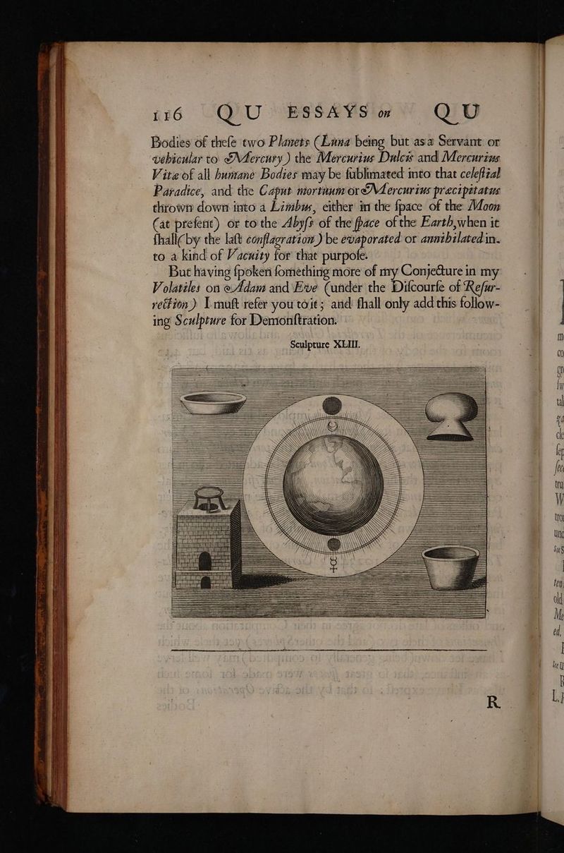 Bodies of thefe two Planets (Luna being but asia Servant or vehicular to &amp;Mercury) the Mercurius Duleis and Mercurins Vite of all humane Bodies may be fublimated mto that celeftzal Paradice, and the Caput nortium or&amp;Mercurins precipitatus thrown down into a Limbus, either’ m the fpace of the Moon (at prefent) or tothe Aby/s of the pace of the Earth,when it fhall( by the latt conflagration ) be evaporated or anntbilated in. to a kind of Vacuity for that purpofe. But having fpoken fomethirig more of my Conjecture in my Volatiles on eAdam and ‘Eve (under the Dilcourfe of Refur- ing Sculpture for Demonttration. = ee