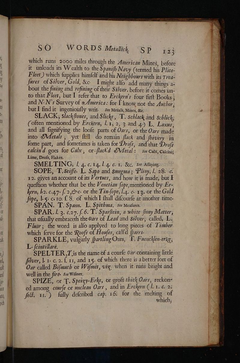 which runs 2000 thi Sat Re 000 thiles throtith the 34) | Fleet ) ‘ nak te to the e oa rea ia Mink&amp; bette Terpluter Toe Cold kee ipsa AN ne Plate out the 3 eb ay Pade} Sy ee igbbours with i ute. to that = ah Se nd refining of re sae add ny a bh: aa NENG Su ut I refer that to EB ( re before ‘it Ave as batareAdae 3 rvey of eAmeriva: f rckern’s four firtt B aT SLACK iat Writ. : ideas not the ae of -5 Slack flones, sta a Mihes, &amp;e: thor, Se Sas aoe os, and Slicke, T. scblack atid Scblicky ela cos par GhOF and 4) L, La oe fome part “i j yet {tll do te BES OF the Oars ef if calcind » at fometimes is take co flack and foive en ti goes for Calx or-fla n for Drofs, and th ery th rates Flakes. > OF flackd Mot if ; - Drol> Per, Lap Lg.cigh 4.61. &amp;e, seed Ore 12. gives 4 5 shes iffe. L. Sapo and shins C, See Affayirig. queftion wheth ar oni ues nt hd Pliny pL 28a kern, bh: ¢.4.7- ra that be the /% bneitan f Sha gen: is made, but I Sope, 1.55 cs ‘3 sae or the 7 in-fope, etree. by Er- SPAN. T. Sp. Sf high File cobccile Aeiodiss Gold SPAR. 1.3 Spann. L, Spithma. is ar at another time. that uftially ¢ 3 6.27.6. T. Sparflein, nied St Fluor ; we a pao the Oars of Lead bged te flony Matter, eibick ine ord is alfo applyed to | Silver; called, ise eee cacy 4 Houfes, caltd ars of Timber the dees é. ; vulgarly jpartling Oars, T. Facnckl SPELT he, ie len-erke, felver, |. 1. \ yor bene the riame of 4 courfe Oar contai . Dab called Bifimuch | and 15. of which ther ar containing little well in th uD OF Wifmet ies igh a better fort of Oe as gn , vig, when it rats bright and by oh spate ks, or oro{s thick Oars | bh: 11 . a Oars, reckon? it.) fully defcribed sah 7 e Lirenem Cae a . : for the melting of
