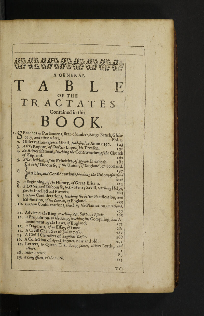 A GENERAL T A B L OF THE TRACTATES Contained in this BOOK. '• CPeechcsiw Parliament,Star chamber,Kings Bench Chan. eery* and other where. ap0J j a. Obfervations upon a Libel], fMifhedin Anno I *32. lo3 3- -ff Report, of Do&or Lopez, Treafon. 9 \Vt 4. An Aavemfcment; touching the Controvecfies.of/he Church , »} England. l6a 5. ^ Col |ea,on3 of the Felicities, ofgneen E! izabeth. 181 Y' briefD icourfe, of the Union, o/England, & Scotland. 1 Articles,and ConfrderatlonsjoHching the Unionytforef&d „ . i 20 4 7. ^Beginmngj^/^Hiftory,<?/Great Britain. 221 8. a Letter, WDifcourfe, to sir Henry §zv\\f touching Helps, for the Intellectual Powers. 6 £.1 9* Cer^Confiderations, touching the better Pacification, ana Edification, of the Church,0/ England. 22^ . 10. Certain Considerations, touching the Plantation,//* Ireland. 11 “ *£Sce** touching Mr. Suttons Eft ate. 265 12. rropofition, to the King, touching the Compiling, and A , m^ndment3 of the Laws, ^England. 271 ** of an Efiay5 of fame a«, f4* ^drafter of Julius c<efar. ^ *5* 15:hara^:e.r °£4Mguftur Cafar. 288 16. ACollechon ofApophthegmes, newandold. 291 * ^*tcrs:> *° Qliee« Eliz. King James3 divers Lords, 1$. Other Letters. Ip. ^ Confejjion, of the Faith. . \ ^