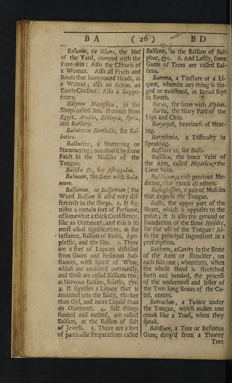 Batantif, or Gians, the Nut of the Yard, covered with the Fore.skin : Alfo the Clitoris of a Woman. Alfo all Fruits and Roots that have round Heads, as a Walnut} alfo an Acron, an Earth-Chefnut: Alfo a Suppo- iitory. Balynm Mdrepfica, in the Shops called Ben. If comes from Egypt* Arabia, Ethiopia, Syria, and Barbary. Balatro or Bambalio, fee Bal¬ buties. Balbuties, a Stuttering or Stammering; occafion cl by fome Fault in the Mufcles of the Tongue. BaHJJjz Os, fee Ajltagalus. Balneum, the fame with Bala¬ ne um. Baljamus, or Ealfamum; the Word Balfam is ufed very dif¬ ferently in the Shops. 1. It fig- nifies a certain fort of Perfume, of fome what a thick Confidence, like an Ointment; and this is its moft ufual figriiftcation • as for ' inilance, Balfam of Rofes, Apo¬ plectic, and the like. 2. There are a fort of Liquors diftilled from Gums and Refmous Sub- ftances, with Spirit of Wine, which are anointed outwardly, and thefe are called Balfams too • as Nervous Balfam, Sciatic, 'foe, 3. It fignihes a Liquor that is anointed into the Body, thicker than Oyl, and more Liquid than an Ointment. 4. Salt things funded and melted, are called Balfam, as the Balfam of Salt ©f Jewels. 5. There are a fort of particular Preparations called -• ——1 —— --—-— Balfams, as the Balfam of Sul¬ phur, foe. 6. And Laftly, fome Gums of Trees are called Bal¬ fams. Bamma, a Tinfture or a Li¬ quor, wherein any thing is tin¬ ged or moiftned, as Bread fopt in Broth. • Baras, the fame with Alphus. Barba, the Hairy Part of the Lips and Chin. Barycojah, heavinefs of Hear¬ ing- Baryphonia, a Difficulty in Speaking. B a filare os, fee Bafis. Bafilka, the inner Vein of the Arm, called Hepatica *thej Liver Vein. Bafilicum,a rich precious Me¬ dicine, that excels all others. BajiQgiojju.ni, a pair of Mufcles that deprefs the Tongue. Bafis, the upper part of the Heart, which is oppolite to the point •, it is alfo the ground or foundation of the Bone Hyoides, for the ufe of the Tongue: Al- 1 fo the principal Ingredient in a prefeription. Bathmif, a Cavity in the Bone of the Arm or Shoulder, on each fide one $ whereinto, when the whole Hand is ftretched forth and bended, the procefs of the undermoft and lelfer of the Two long Bones of the Cu¬ bit, enters. Batrachus, a Tumor under the Tongue, which makes one croak like a Toad, when they fpeak. Bdellium, a Tear or Refmous Gum, dropd from a Thorny