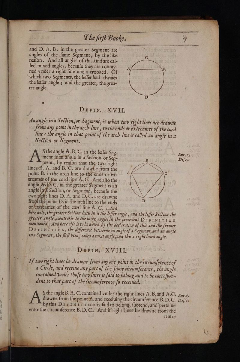 L be firft Booke. and D. A.B. inthe greater Segment are angles of the fame Segment, by the like reafon. And all angles of this kind are cal- led mixed angles, becaufe they are contay- ned vnder a right line and a crooked. Of the lefler angle ; and the greater, the grea- ter angle. Derin, XVIL from any point inthe arch line, tothe ends ar extreames of the cord line ; the angle in that point of the arch line is called an angle in a Section or Segment, Sthe angle A,B. C. in the leffer Seg- Aes isan angle in a Section, or Seg- ment, by reafon that the, two right Sr nies linesB. A. and B.C. are drawhe from the ee past point B. in the arch line to-thé ends or éx- PL cieG | digas hate treame¢s Ree cord line’ A.C. . And alfo the angle A. D.C. in the greater Segment is an angle ip Section, or Segment, becaufe the two pieltt lines D. A. and D,'C. are drawne fromi the point D. in the arch line to the ends or/extréames of the cord line A. C. And here mote, the greater Section hath in it the leffer an gle, and the leffer Section the greater angle »contrarie to the mixt angles in the precedent DEFINITION mentioned: And here alfo is to be noted, by the declaration of this and the former  DeEFINIrIoN, the difference betweene an angle of a Segment, and an angle ~ Derin, XVIII, a Circle, and receine any part of the fame circumference, the anole contained ‘ynder thofe two-lines is faid to belong and to be corre|pon- dent to that part of the circumference fo receined.