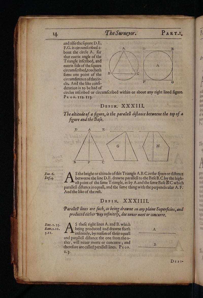Def. 4. Enc. 3.35. Raw.2.116 §eIi. The Surueyor. andalfothefquareD.E. - E.G. is circum{cribed a- bout the circle A. for that euerie angle of the Triangle infcribed, and euerie fide of the {quare circumfcribed,toucheth fome one point of the circumference of thecir- cles And the like confi- deration is to be had of circles infcribed or circumfcribed within or about any right lined figure. PR oB. 112. 113. | Derin. XXXIIL orm The altitude of 4 figure, is the parallel diftance betweene the top of a ~ figure and the Baje. betweene the line D.E. drawne parallel to the Bafe B.C. by the high- eft point of the fame Triangle, as by A.and the fame Bafe B.C. which parallell diftance is equall, and the fame thing with the perpendicular A. F. And the like of the reft. | DEFIN. XXXIIII. Parallel! lines are fuch, as being drawne on any plaine Superficies, and produced either way infinitely, doe neuer meet or concurre. S thefe right lines A. and B. which Ate produced and drawne forth A infinitely, by reafon of their equall and parallell diftance the one from theo- therefore are called parallell lines. Pros. vise At