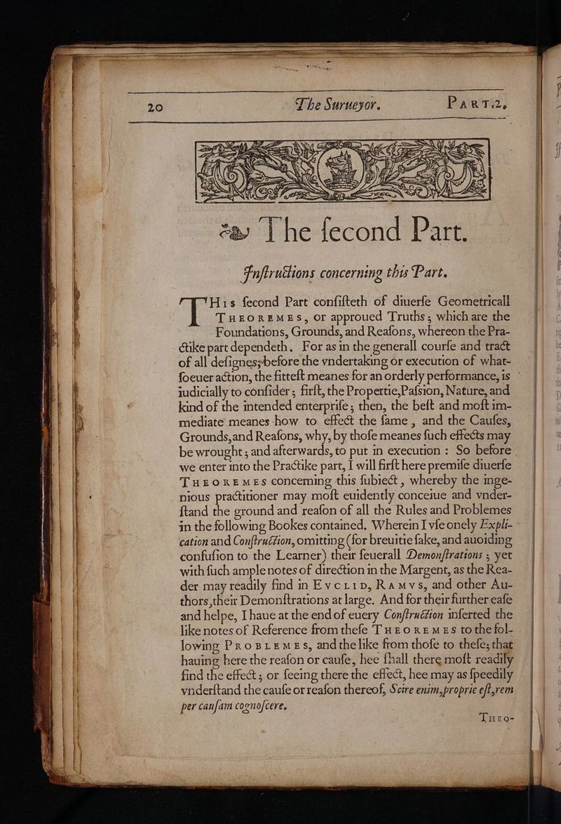 Fnfiruétions concerning thy Part. His fecond Part confifteth of diuerfe Geometrical T HEOREMES, or approued Truths; which are the Foundations, Grounds, and Reafons, whereon the Pra- ctike part dependeth. For asin the generall courfe and tract of all defignes;-before the vndertaking or execution of what- judicially to confider ; firft, the Propertie,Pafsion, Nature, and kind of the intended enterprife; then, the beft and moft im- mediate meanes how to effect the fame , and the Caufes, Grounds, and Reafons, why, by thofe meanes fuch effects may be wrought ; and afterwards, to put in execution : So before we enter into the Practike part, I will firft here premife diuerfe TuHEORE MES conceming this fubiect , whereby the inge- nious practitioner may moft euidently conceiue and vnder- {tand the ground and reafon of all the Rules and Problemes in the following Bookes contained. Wherein I vfe onely Expli- cation and Conftruction, omitting (for breuitie fake, and auoiding confufion to the Learner) thei feuerall Demon/trations 5 yet with fuch ample notes of direction in the Margent, as the Rea- der may readily find in Evcrip, Ramvs, and other Au- thors, their Demonftrations at large. And for their further eafe and helpe, Ihaue at the end of euery Con/fruétion inferted the like notes of Reference from thefe THeore mes tothe fol- lowing Prosriemes, and thelike from thofe to thefe; that having here the reafon or caufe, hee {hall there moft readily find the effect; or feeing there the effect, hee may as {peedily vnderftand the caufe or reafon thereof, Scire enim, propric eft,rem per caufam cogno/cere. TuHeo-