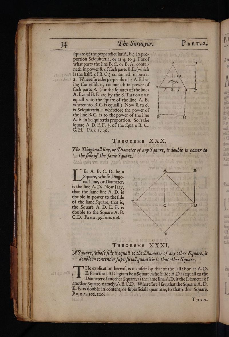— pl 34. Lhe Surueyor. Parti2s Bi ' TRCN eS EMAL SES SLE So | {quare of the perpendicular A. E.) in pro- 1 portion Sefquitertia, or as 4. to 3. Forof Wp what parts the line B.C. or B. A. contai- Teal te sd im neth in power 8. of {uch parts B.E. (which \ isthe halfe of B.C.) containeth in power 2. Wherefore the perpendicular A.E. be- ing the refidue, containeth in power of fuch parts 6. (for the {quares of the lines A. E.and B. E. are by the 6. Turoreme equall vnto the fquare of the line A. B. whereunto B.C. is equall.) Now 8.to 6. is Sefquitertia : wherefore the power of the line B.C. is to the power of the line 9 Guns A.E. in Sefquitertia proportion. So is the {quare A.D.E.F. 4. of the fquare B. C. G.H. Pros. 36. ‘LHEOREME 1X XX, The Diagonal line, or Diameter of any Sqnare, is double in power to ‘.. the fide of the fame S. quare, | ~ Et A. B. C. D. be a Square, whofe Diago- nall line, or Diameter, is the line A.D. Now I fay, that the fame line A. D. is double in power to the fide of the fame Square, that is, the Square A. D. E. F. is double to the Square A. B, C.D. Pros. 99.102.106. ° ° *S . * +, > ” ’ . .° * tr] aT ee ENE bE REP IT nF RR RAPISTS OG YEN PO e ie ETT pty) es neo TO a ME cass ery» Fo pean SPiN AS SOTO TE es HP _— nina aeeaenianetic Siecanemoaatind , . © ai a mn ~ i aaa ary THEOREME XXXI, ASquare, whofe fide is equall to the Diameter of any other Square, i double in content or fuperficiall quantitie to that other Square. He explication hereof, is manifeft by that of the laft: For let A.D. l E,F. in the laft Diagram bea Square, whole fide A.D. is equall to the Diameter of another Square, as the fame line A.D.is the Diameter of another Square, namely,A.B.C.D. Wherefore I fay, that the Square A.D, E. F, is double in content, or fuperficiall quantitie, to that other Square. PR OB. 102/106. Smee ey T wx 0-