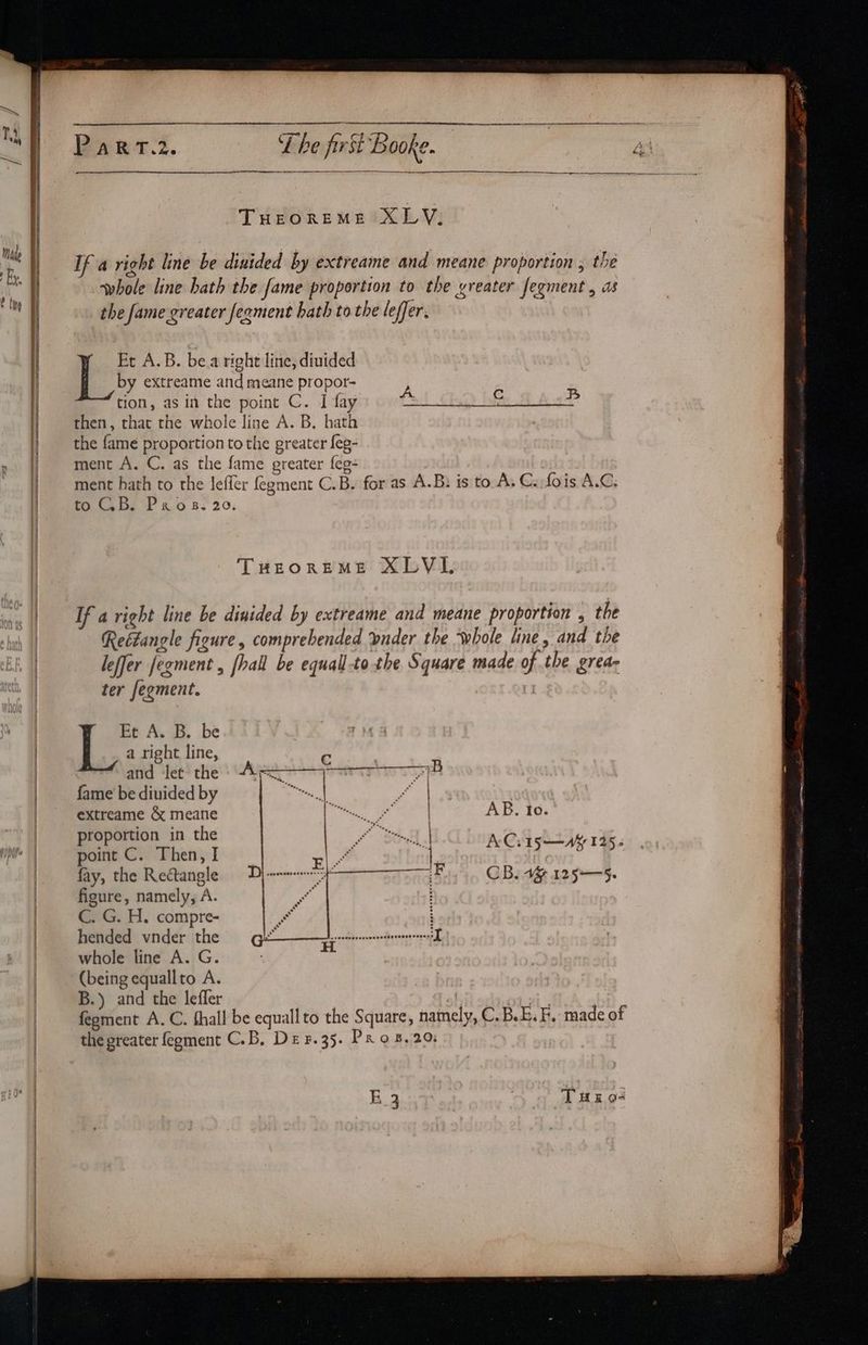THEOREME XLYV. the fame greater fegment hath tothe leffer. by extreame and meane propor- tion, as in the point C. I fay then, that the whole line A. B. hath the fame proportion tothe greater feg- ment A. C. as the fame greater feg- ] Et A.B. bea right line, diuided to CB. ProBs 20. ter fegment. i Et A. B. be a right line, and let the fame be diuided by extreame &amp; meane proportion in the point C. Then, I fay, the Rectangle figure, namely, A. C. G. H. compre- hended vnder the whole line A. G. (being equallto A. B.) and the leffer AB. to. AC. 15 —a¥ 125 CB. 4% 125-5. the greater fegment C.B, De F.35. Pros. 20: E43 Tue oa