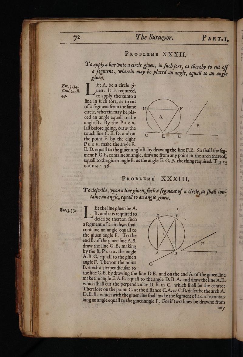 Exc.3.34. Ceul.a, 48. 42- EWC.3.33¢ The Surueyor. Part. PROBLEME XXXII, - | Lo apply a line nto a circle ginen, in fach fort, as thereby to cut off | a fegment , wherein may be placed an angle, equall to an angle ginen, : | VELA. be a circle gi- uen. It is required, to apply thereunto a line in fuch fort, as tocut offa fegment from the fame circle, wherein may be pla- ced an angle equall tothe angle B. By the Pros. laft before going, draw the touch line C. E. D. and on the point E. by the eight Px os. make the angle F. E, D. equall to the giuen angle B. by drawing the line F.E. So thall the feg: ment F.G.E. containeanangle, drawne from any point in the arch thereof, equall to the giuen angle B. asthe angle E.G. F. the thing required, T x F< OREME 56. Lo defcribe, vpon a line ginen, fach a fegment of a circle, at fhall con- Et the line giuen be A. ‘ [> and it is required to , defcribe thereon fuch | a fegment of a circle,as fhail containe an angle equall to the giuen angle F. To the end B. of the ginen line A.B. draw the line G. B. making A.B.G, equall to the giuen angle F. ‘I henon the point B. erect a perpendicular to | . the line G.B, by drawing the line D.B. and on the end A. of the giuen line make the angle E.A.B. equall to theangle D.B.A. and drawthe line A.E.- - which fhall cut the perpendicular D. B. in C. which fhall be the centre: Therefore on the point C. at the diftance C.A. or C.B, defcribe the arch A. D.E.B. which with the ginen line thall make the fegment of a circle,contai« hing an angle equall tothe giuenangle F. Forif two lines be drawne from any eS