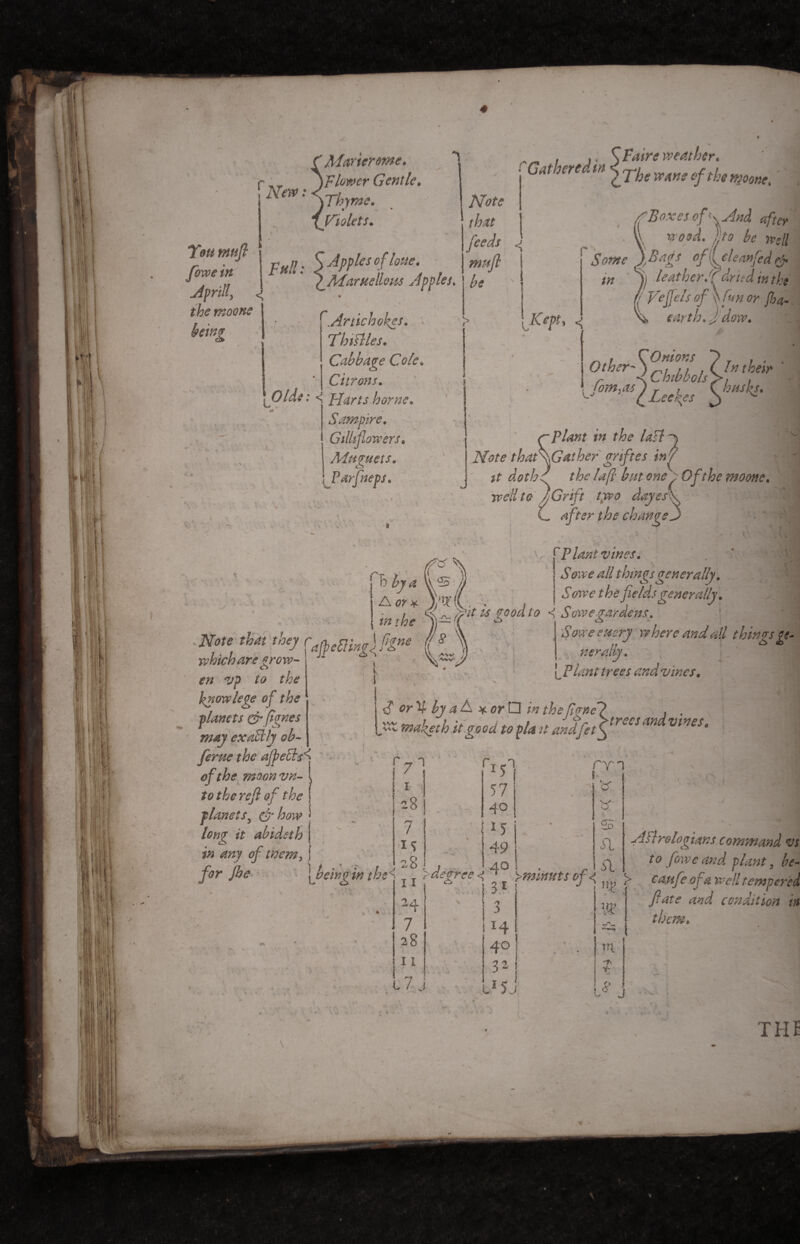 New : Tou rntifl fowein ! F Sill : Apr illy <! the moone being ' Marier orne. )Flower Gentle. {Thyme. Violets. App les of lone. Marvellous Apples. . j. \ taire weather* • Gathered m ^TheXV(inecfthemoone. Artichokes. 7*hi fries• Cabbage Cole, ( Citrons. l^Olde: < Harts borne. Samp ire. Gillijlowers. Mitracts. cS |Parfneps. that feeds muft be s s Some /Boxes of fc Baas of(( < jOpt, <j leather dried in the (( Ve fiels of hfin or fia. earth, j dorv. Other' Sff°n > Cjn Ooeir ' •Jom^lLeckes CMf- çPlant in the lastly Note thatfCather griftes. in/ it dothtf the /aft but onep Of the moottc. /f aowc we idjv tout one : < well te JGrift two dayesF C after the chance3 Note that they which are grow- en vp to the know lege of the planets grftgnes may exaftly oh- feme the ajpebls^ of the moon vn- to the reft of the planets5 & how j abideth in any of them y for Jhe j ^ change. Plant vines. Sowe all thingsgenerally. . S owe the fields generally. It is good to <; Soxvegardens. Sowe every where and all things ge¬ nerally. L Plant tr ees and vines. fit or V by a da * or □ the firne*? , . St /V ^ p4f andfetVrCCSmàvtneS* P/I r! 5 I 57 28 40 7 15 is - 49 28, 11 ? degree < ! 4° ! 3 £ 24 ! 3 . 7 !4 28 40 11 32 i 17 j , t JSj nn i S' a a Aflrologians command Vi to [owe and plant, be- ny ^ ca.ufe ofa well temperec ft ate and condition h them. n ■>- V W» THE