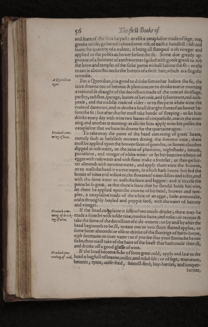 *4 Quotidian Ague* tttadach cam¬ ming of heat. îîeadach cam¬ ming of drink¬ ing of vim. Heddaehpr»- feeding of (old. 5 6 The frU 'B ooke of andfeareof the fine be palt : or elfe a cataplaime made of fage, rue, greeke nettle, gathered before funne-rifè, of each a handfull : ialtand foote the quantity of a walnut, it being all ftamped withvineger and applied to the pu lies an hower before the fit. Some doe greatly ap- prooueofa liniment of earth wormes boiled with goofegreafe to rub the brow and temples of the ficke partie withall before the fit : orelle to earrie about his necke the homes ofa fwift hart,which is a fingular remedie. For a Quotidian,itis good to drinke lomewhat before the fit, the iuice drawne out of betonie & plantaincjor to drinkeeuerie morning arealonable draught ofthedecoébionmade of the root of fmallage, parlley, radiflies,lperage, leaues of betonie,and lpleen wort,red cich- peaie, and the middle rinde of eider : or to fteepe in white wine the roots of danevvort,and to drinkea fmall draught thereof an hower be¬ fore the fit : but after that he mult take heede offleeping: or let him drinke euery day with wine two leaues ofcinquefoile,onein the mor¬ ning and another at euening: as alfo let him apply vnto his pullês the cataplaime that we haue let downe for the quartaineague. To takeaway the paine of the head comming of great heate, namely fuch as befallech mowers during the fommer time, there muft beapplied vpon the browes llices ofgourdes, or linnen cloathes dipped in role water, or the iuiceof plantaine, nightlhade, lettufe, pu reclame, and vineger of white wine: or let her beattwo whites of egges with role water and wjth flaxe make a frontlet, or ltampe bit¬ ter almonds with veruaine water, andapply them vnto the browes, or to wafli theheadin warme water, in which hath beene bovledthe leaues of vines and willo\ves,the flowers of water-lillies and roles,and with the fame water to wadi thefeete and legges : and if in cafe the paine be fo great, as that there is feare that he fliould loofe his wits, let there beapplied vponthe crowneofhishead, browes and tem- ples, a cataplaime made of the white of an egge, bolc-armoniake, crabs throughly boyled and poppie feed, with the water of betony and vmeger. - , r ...... . , ; T . If the head complaine it felfe of toomuch drinke, there may be made a frontlet with wilde time,maiden haire,and rofes : or receiue 3c take the fume of the deco&ion of cole-woorts : or by and by after the headbeginnethtobeill, toeate one or two fhort ftarted apples, or fomc bitter almondstor elfe to drinke of the fhauings of harts-horne, witn .ountaineor nuer water : or if you fee that your ftomracke be not ficke, thou mailt take of the haire of the beaft that hath made thee ill, and drinke offa good glade of wine. n . • \ If the head become ficke of fome great cold, apply and laie to the : or ûtïa§e> mariarom, betonie, tyme, anile-feed, fennell-feed,bay-berries, andiuniper- berries.