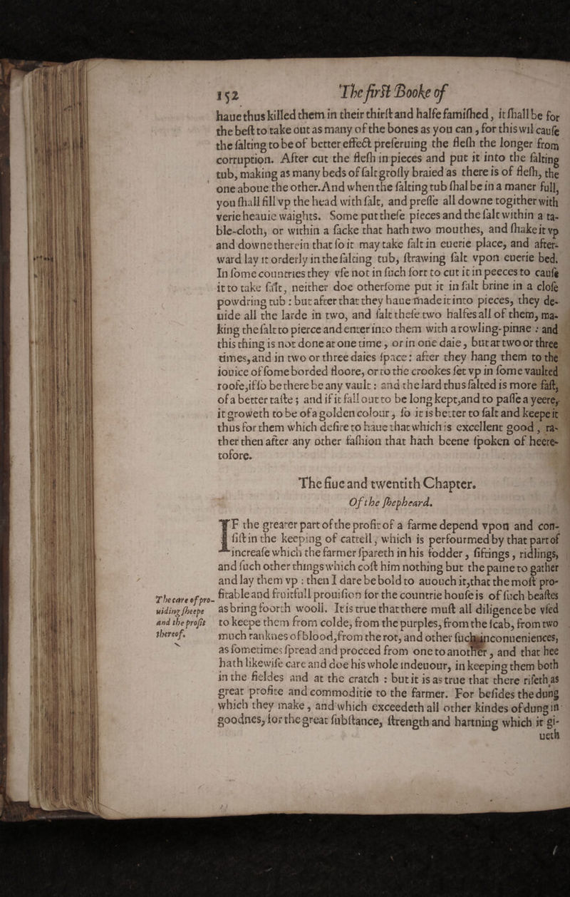 j 5 2 'Thefiriï 'Booke of haue thus killed them in their thirft and halfe famifhed, ftfiiall be for the beft to take out as many of the bones as you can, for this wil caufe the faking to be of better effeft preieruing the flefli the longer from corruption. After cut the flefh in pieces and put it into the faking tub, making as many beds of faltgrolly braied as there is of flefli, the one aboue the other.And when the faking tub flial be in a maner full, you (hall fill vp the head with fait, and prefl’e all downe togither with verieheauie waights. Someputthefe piecesandthefaltwithin a ta¬ ble-cloth, or within a fàcke that hath two mouthes, and (hake it vp and downe therein that loir may take fait in eucrie place, and after¬ ward lay it orderly in the faking tub, ftrawing fait vpon euerie bed. In fbme countries they vie not in fuch fort to cut it in peeces to caufe it to take fait, neither doe otherfome put it in fait brine in a clofe powdring tub: but after that they haue made it into pieces, they de¬ lude all the larde in two, and fait thefe two halfesallof them, ma¬ king the fait to pierce and enter into them with arowling-pinneand this thing is not done at one time, orinonedaie, but at two or three times,and in two or three daies fpace: after they hang them to the iouiceoffomeborded floore, or to the crookes let vpin fomevaulted roofe,iffb be there be any vault : and the lard thus faked is more fall, of a better rafle ; and if it fall out to be long kept,and to pafl'e a yeere, it groweth to be ofa golden colour, fo it is better to fait and keepe it thus for them which defire to haue that which is excellent good , ra¬ ther then after any other tafhioa that hath beene fpoken of heere- tofore. The fiue and twentith Chapter. Of the Jbepbfard. ÏF the greater part of the profit of a farme depend vpon and con- fiflinthe keeping of cattell, which is perfourmedby that part of increafe which the farmer fpareth in his fodder, fiftings, ndlings, and fuch other things which coft him nothing but thepaine to gather and lay them vp : then I dare be bold to auouch ir,that the moil pro- The cart if fro- foableand fruitfull prouificn for the countrie houfeis of fuch beaftes uiding fheeft as bring foorth wool!. Itis true that there muft all diligence be vied and the profit to keepe them from colde, from the purples, from the fcab, from two tbmof, much ranknes of blood,from the rot, and other fuchjnconueniences, as fometimes fpread and proceed from one toanotm’r, and that hee hath likewife care and doe his whole mdeuour, in keeping them both in the fieldes and at the cratch : but it is as true that there rifeth as great profite and commoditic to the farmer. For befides the dung , which they make, and which exceedethall other kindesofdungin goodnes, lor the great fubflance, ftrengthand hartning which it gi*