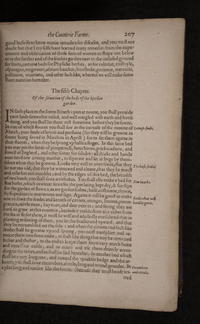 good hulwifeto know manie remedies for dilèalès, and you mult not doubt but that I my felfe hauc learned many remedies from the expe¬ riments and obferuation of thole forts of women to fhape out below or in the further end of the kitchin garden neer to the indoled ground for fruitSjCertaine beds for Phyficke herbes, as for valerian, rmlfoyle, afparagus,mugwoort,alarum bacchar, houllccke,patience, mercurie, pellitorie, nicotiana, and other fuch like, whereof we will make lome ftiort mention hereafter. • • » ^ , f , . / - ■ -* v ^ ' f V- •* » * I , • RtF The fifth Chapter. Of the Jltuation of the beds of the kjtchin garden. N fuch place as the funnelhineth vpon at noone,you fliall prouide your beds fomewhat railed^ and well mingled with earth and horle dung, and you (hall let them reft lometime before they be fowne. Inoneofwhichfloores youlhalllow in the increafe ofthe moone of Ltttuje-fetde, March, your feede oflettule and purllaine (for they will be growne as foone being lowed in Marchas in Aprill ) for to fetthem againein their fioores, when they be fprungvphalfe a finger. In this fame bed you may putthe leede of pimpernel!, harts hornc,prickmadame, and forrelf of England, and other fortes for falades : all thicke and hande ouerheadone among another, to leparate and let at large by them- jèlues wh en they be growne. Looke very well to your feeds,that they r » f ,. . be not too old, that they be winnowed and cleane,that they be moi ft ° ^ ' and oiliebut not mouldie 5 and by the edges of this bed, the breadth oftwo hands you fhall fowe artichokes. Youlhallalfomakeabedfor r;neh^L, fine herbs,which in winter ferue for the pot being kept dry,& for flips for the garden of flowers,as are garden balme, bafifeoftmane,thyme, hy Hope,iauone,rnanerome and lage. Againeit will be good to make c , , one to (owe the leedes and kernels of citrons, orenees limons pome- ?%■** ^ gran ats,mirtle trees, bay rrces.and dare trees in ; a6„d feeing t’L are I “>8^ m this countne, becauleit yceldeth no aire either from d efea or fit for them, it mult be well and adnifedly confidered that in planting or fowmg of them, you fet the fmaller end vpward, and that they be not tumbled on the fide : and when the citrons and fuch like v Ifeedes fliall be growne vpand fprung, you muft traniplant and re moue them into feme caske, or fuch like thing that may be remet .d hither and thither to the end to keepe them hem very -much beam dmg to the times,and as (hall be laid hereafter. In another bid whTh ftalloea’cry long one, and toward,he quickfethedoe and,hear bours, you ftalliowecucumber^citralsjonffmd jhear' aplot long and narrow like the former (beemfe thev Yn lnc”cumlert voccaui* crjey mult beoft wa- «ndtitruU.* B?4 ~ ’ tred