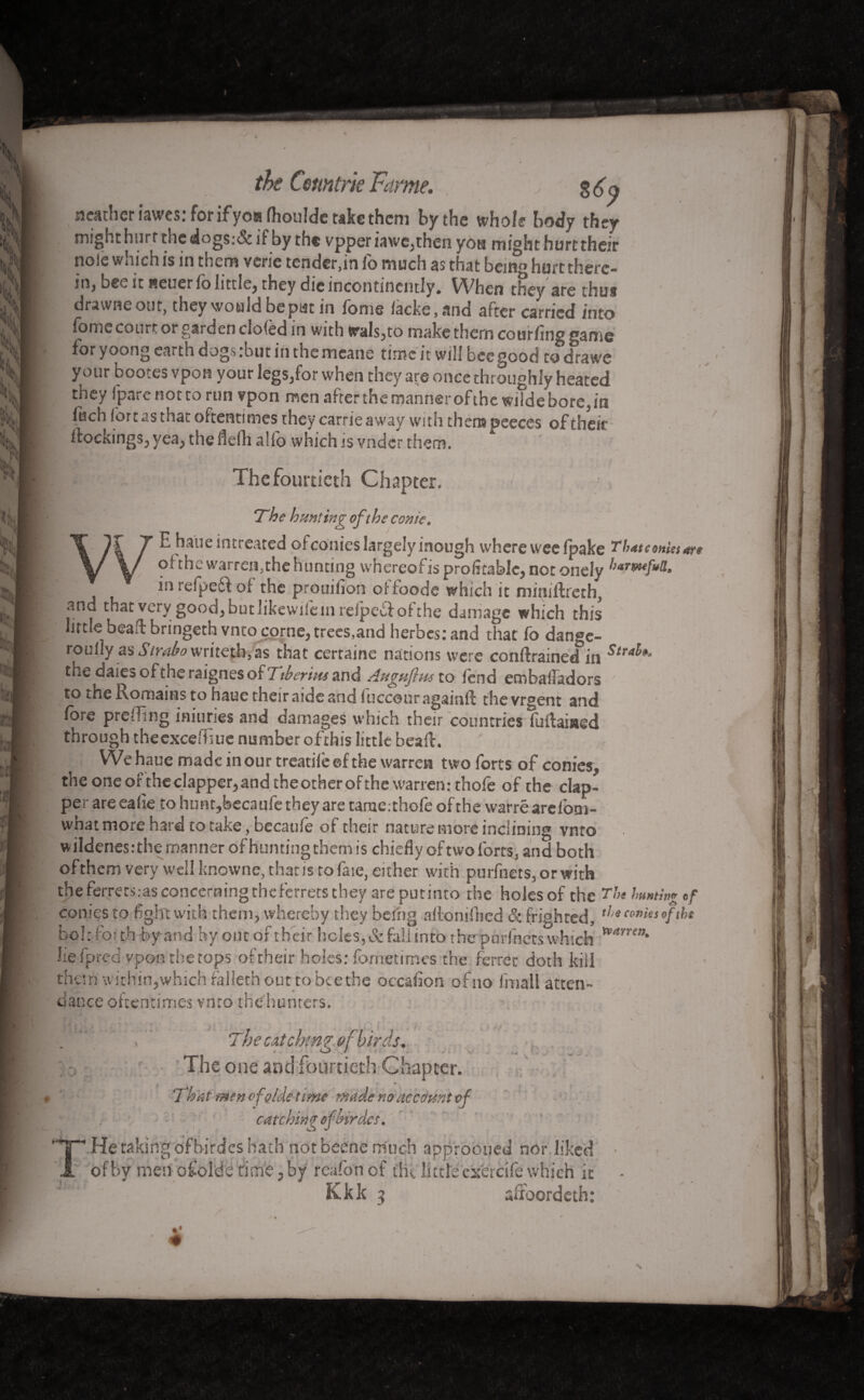 the Cetmtrie Fame. g ^ neatheriawes: for ifyoafhoulde take them by the whole body they might hurt the dogs.-& if by th« vpperiawe,then you might hurt their note which is in them verie tender,in fo much as that being hurt there¬ in, bee it neuer fo little, they die incontinently. When they are thus dravvne out, they would be pat in loms (acke, and after carried into lome court or garden doled in with wals,to make them courfing game for yoong earth dogsrbut in themcane time it will bee good to drawe your bootes vpon your legs,for when they are once throughly heated they f pare not to run vpon men after the manner of the wilde bore, in liach (brtasthat oftentimes they carrie away with thempeeces of their dockings, yea, the flefh alio which is vader them. Thefourtieth Chapter. The hunting of the conic. E haueimreated ol conics largely lnough where wee (pake T*h4teonUs4ft ol the warren,the hunting whereof is profitable, not onely inrefpedol the prouifion olfoode which it miniftreth, and that very good, but likewile in relpecf ol the damage which this little beaft bringeth vnto egrne, trees,and herbes: and that fo dange- roully as writefh/as that certaine nations were conftrained in Stra^ the daies of the raignes of X iheritu and Auguftw to lend embalfadors ' to the Romains to haue their aide and fuccour againft the vrgent and fore prefling iniuries and damages which their countries fuilaiaed through thecxcefhue number ofthis little bead:. We haue made in our treadle ef the warren two forts of conies, the one or the clapper,and theotherofthe warren: thole of the clap¬ per are eafie to hunt,becaqfe they are tarae:thofe of the warrë arcfoai- wnat more hard to take, becaule of their nature more inclining vnto wildenesrthe manner ofhuntingthemis chiefly of two lbrts, and both of them very well knowne, that is to faie, either with purfnets, or with theferretsrasconcerningtheferretsthey are putinto die holes of the The hunting of conies to fight with them, whereby they being altonifhed & frighted, th* of tbt Bolt for tb by and by out of their holes, & fall into the purfnets which liefpred vpon the tops oftheir holes: fometimes the ferret doth kill them within,which falieth out to bee the occasion of no fmall atten¬ dance oftentimes vnto the hunters. T he catchm? of birds. o ,/ The one and fourticth Chapter. That men of vide time made no account of » K — He taking of birdcs hath not beene much approoued nor liked of by men ofod'de rime, by reafonof the little cxercife which it Kkk 3 affoordeth: