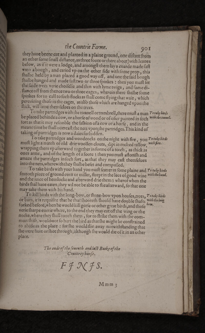 theyhaue bcenectit and planted in a plaine ground) one diftatit from jJOI Âj an other fome fmall diftance,as three ioote or there about) with leaues ,\| below, as tf it were a lodge, and amongft them lay a coarde madefaft ;ii a b°lîgb > and caried vp on the other fide with fome pron this v| J;ia;;oe he!d by a man placed a good way off, and one thefaid bough ,\w jhaloe hanged and made tali two orthree/pinkes ; then you mult let theiaidetrees verie choilelie andthin withlytnetwigs, andfomedi- Ofl • ftanceofï from thence two or three cages, wherein there fiialbe fome fpmkes for to call to fuch docks as fball come flying that waie, which perceiuing choie in tns cages, asalld thole which are hanged vdou the • fitck^will lime themlelues on the trees. Ÿ *■ 0 take partridges with the tonneil or tombrell,there muft a man Totokçfad. be placed behinde a cow, or a horfe of wood or ofofier painted in fuch *wf^**8»* refeinble thefafhionofacoworahode, andin the fc» meane time he (hall ouercaft the nets vpon the partridges.This kind of j® taking or partridges is now a daies forbidden. ^Kft ' fo take partridges and woodcocks on the night with fire, you Ta takebitJ, W muft light a match of old drie woollen clouts, dipt in melted tallow, mthf're' ■ J wrapping them vp afterward together in forme of a torch, as thick as’ :it ones arme, and of the length of a footc ; then you muft aftonilh and f amaze the partridges infuch fort, as that they may caft themfelues J into the nets,wherewith they fbalbebefet and compafiëd» X To take birds with your hand you muftfeatterin fome plaine and To taj^lird, J- fmooth piece of ground corn or millet, fteeptin the lees of good wine *>tbththAud. m and the iuice of hemlockeand afterward drie them •, wherofwhen the ■ birds Oral haue eaten ,thcy wil not be able to flie afterward, fo that one ft may take them with his hand. H L Æ kill birds with the long-bow, or ftonc-bow vpon houfes,trees, Totals fads ■ or buts, it is requifite that he that (liooteth (hould hauedoubie (hafts '*iththd*nS, jr forked before,when he would kill geefe or other great birds,and thofe ***• ■ verie fharpe euerie where, to the end they may cut off the wing or the B necke,where they Hull touch them , for to ftrike them with the com- I mon (haft, wouldmot fo hurt the bird as that flic might be conftrained to abide m the place : for (he would Hie away notwithftanding that (lie were hurt or (hot through,although (lie would die ofit in an other place. The endeofthe fenenth andlaïl Bookeofthe Countrey ho fife. Ff^CfS. Mmm 3 <