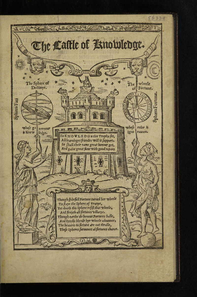 Sphaa*aFati Tlie Sphere of ^ Dertinye. The \vheele of? Fortune •isihofA ruler h Igno \raunee* ^ho[c go iiKrtoii) uernour ledger sBBBttBtada ro K N O W L E D G w tfcrt Trophy fet, Allleurninges friendesTOill it fupport* So f hall their tidme grent honour get. And g^inegredt jime'toith good report y^4K i VJjr: '.W = fil- ^ sfejA *■ a\ \ • • ^ 1_/2(Br -- » w