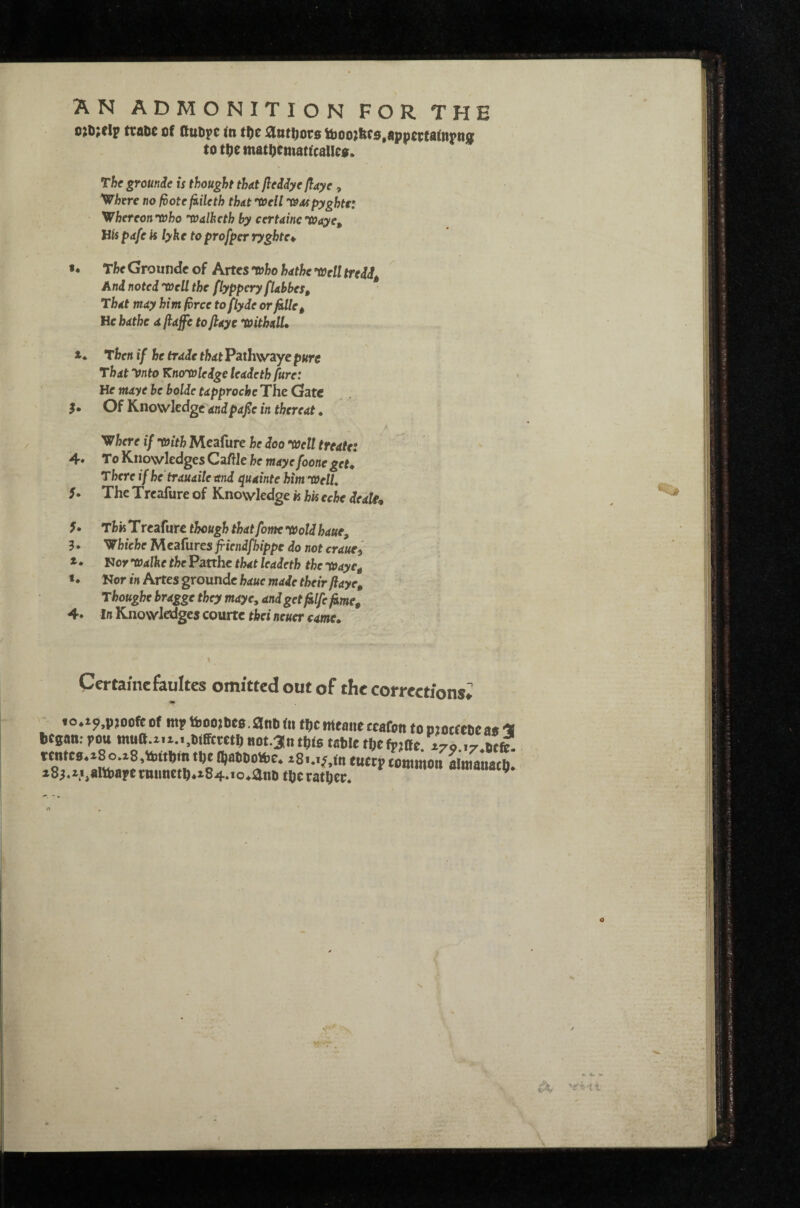 AN ADMONITION FOR THE ttADC 0f SutipC in )i}OO2bC5,AppCi;tAftl]^n0 tot^emat^ematfcailef. The gromde is thought thdt jitidyc ftaye, Where no footefkileth that Tfr// 'Xsaspyghtti Whereon'toho 'xoalhcth by certaineTOaye, hU pafe is lyke to profper ryghte^ u The Groundc of Artes T)ho hathe ^ell treddg And noted T»f W the flyppery fUbbes, That may him force to flyde or fiille^ He bathe a ftaffe toftaye ToithalU *. Then if he trade that Pathwayc pure That ynto KnoTotedge leadeth fure: HemayebeboldetapprocheTheGatc Of l^tiowUdgt'andpaj^e in thereat • Where if ’With Mcafure he doo Well treatet 4. To Knowledges CafHe he maye foone get* There if he trauaileitnd quainte him ’tOelU 5. The Treafure of Knowledge »s his eche deaU^ f. Th'K Trcafurc though thatfome ’Woldhaue, 3 • Whiche M cafures friendfhippe do not craue^ Nor Walke the Patthe tlmt leadeth the Waye^ «. Nor in Artes groundc hauc made their fiaye, Thoughe bragge they maye, andget^lfefiime, 4* In Knowledges coititc tbei neuer came* Certamefaultes omitted out of the corrections^ - «0.15i,p}00fe of nt? tS)00)#es. antuii tftc trteanc Kafon to niotKOe a« •* bCBan. j>ott mutt.i.i.i.Mffcmi) «ot.3intt)(s table tticfj-iBe. zro befc. tmtcs.>8o.z8,tt)(tbintbeQ)atboibe. z8i.i;f,inencrvcoi]imoit almatiacb i8j.zf,altt)apermm«b.z84.io.anD tbetatbee. O