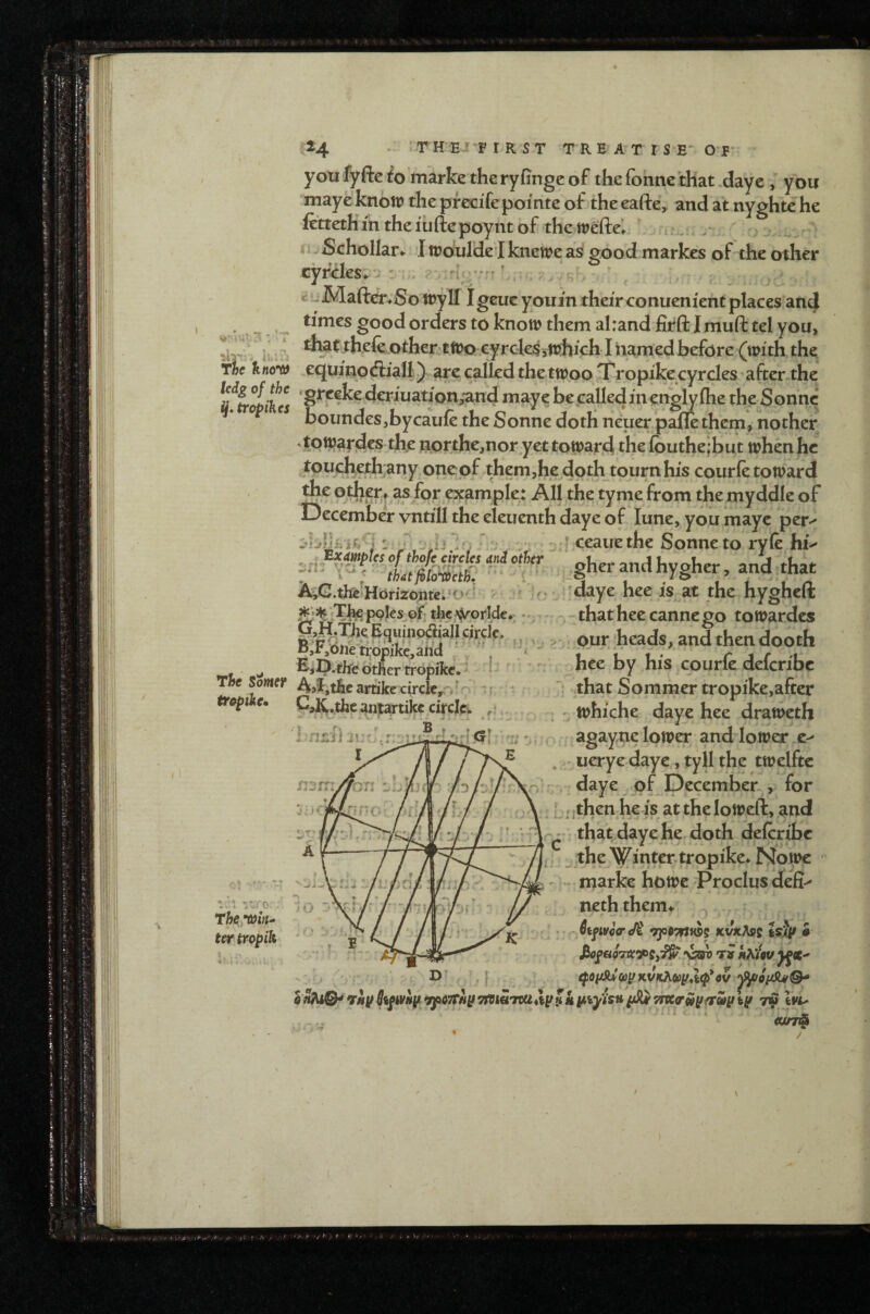 ihirj The knort^ Udg of the ij»tropikes c1 -* vh Y^o r : T^fCTWW- tertropih lx.:*' .... 24 . : T H E I'F r R S T T R E A^T I S E' O F* youfyftefo marke theryfingeof the fonnc that.day eyou maye know the pfecifepointe of the eafteV and at nyghte he fetteth m the I'ufte poynt of the w&ftel ' u..: - ^ 4i Schollar*^ I Wourde l knewe as good markes of the other cyfeles>>: . ^ ^_ cuMafter;So wyll Igeue you in their conuenient places and times good orders to know them al:and firfl: I muft tel you, di^tthe& other two cyrcleSjWhieh I named before (with the .equinocSiall) are called the twoo Tropikecyrcles after-the ‘grceke deriuation,and maye be calledinengly (he the Sonne boundeSjbycaufe the Sonne doth neuer.paflethcm, nother ^towafdes the northe^nor yet toipard the fouthejbut when he ^^^chethjany.onepf themjhe doth tourn his courle toward ^ke otlier^ as for example: All the tyme from the myddle of December vntill the eleuenth daye of lune, you mayc per^ ^ ii If 7 • ceauethe Sonne to ry(e hfr , fil..r.ndhygh„ .„d .ha. A,G.th'eHorizoinei'o : V Jr: daye hee is at the hyghclt ofr tli€\VorIde.; •• - - thathec cannego towardes B ^ - 2 • our heads, and then dooth E^IJ.tlfeotHertropikc. I ' ' kee by his courle delcribc A9^,t^lcartike circle,->^o -r ; — T: that Sommer tropike,after ^ r whiche daye hee draweth agayne lower and lower .c^ , ' uerye daye, tyH the twelftc • daye of December, for L -then heis at the lowed, and - that daye he doth delcribc , ^,the Winter tropike* Nome ^niarke howe ‘Proclus defi^ neth them* r ■ • . 6iglVccr Ji tSrJf/ • Mofao7iev>Si'^ viw T» «AiW^ec^ tfoi^Q}yKVK?i6iy^l<p*cv rny Qifwny TfiCTTny 7(si«ivUtly ^ k y^iyisn Tm^Uyfrwy ly rS Ivu The Sonter tropike* C,l(.thc antmike circle. / \