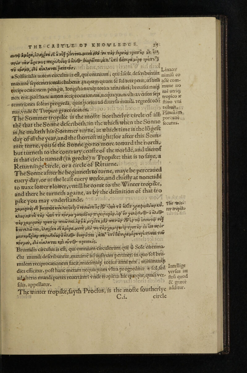 T H E C A O F KNOVLEBGE. S Wf TiyA/i.'ii-TPOJi'it' *.‘Til wpcV TiiT Sg* WS 5>«giilJ«P« bd Un[<t^ 'rpbn'^ •#» )ii*Mir«t:}mtiii(rJ ''^' bn.Bt->::TiiOi ••ro'rii V.' ^*',^'\i„accf :;tcSolftitiali'sautcm cii'Ciiltts is.'cft5tjtiiomnfiTiTii5 qtt{:aiblc defeD^ntiir co maxinie fept€nifric^Qii^4iabmir;|[/j€^^^^ ^ a£le com- nox crit^poft haric autem tropico ar tcmtrlbncs fokm breW€ai,^«iri\i6ttoSadvui nas^vndeKTTOpicGgtrtcbi»ri>ei'U-;-.-'J-.3^ _ ‘ f ,1i.PlB«iii'n TheScimniertfdp'flie is the Wofe hdrfherlyer Cfrck_ot all ^ the^hat tbeS'dntiedeferibethtin sHe whicfrwhen the ftcutus. islhe thaktth hfsiSd'mhier Wne’atWhieh-timeis the log day ofdhthe wah,and the lhoMeft-ttighttfor after this Som^ triir tMhfeyydU k‘the the nortti^ IS max tiroic utsiiitv* V*' J * R'etih'nihge^itele, of'a circle of R'eturne, , TheSohneaftter he hegiririethto'tume, maye be perceati^ eitery day,or afthe Icaft euery we^ke^nd chiefly at noneada to waxe loWerVlbWcf.vntill he dome to thcWinter tropike. and'there he tufrieth againe, as'b^'the definition or that tro pike you may vnderftafide* ' ^ ;(etiigivcsd«fo«ra«icv>tjlsSi^fiiSW7tiJiiir^S'^'^T9ia?^ i(s<rit«e,<ft<!KtKA*7tt£»(sc£ewT®'Tg«m«'s. .! i.,n, jj_ n.i Brimtalis circulysiseft' quiommum'circulotu'm^fl f Sole-cfrcoin^ ehi 'mundi defa-ibunnh.mxximeadauflnJm'patmcatin malem reciprocatiqnem facit,maxlihalp' tb't&i'dHiii nox',’ niiiiimusc^ Tntcllige dies effidtw. poft ban? in«am nCquac^m vl'tra pVogreditlir ^ fohfed' ^ ad^ltcras mimdi partes reuettttiir; yndfctfop'idishic (jy:)^it€,q«auv«^ ^yod fills,appellatur. . & griece The Winter tropike,fayth Prbcftts, is the mofte fotithcrlye ’‘“diwr. “ “ C*u circle